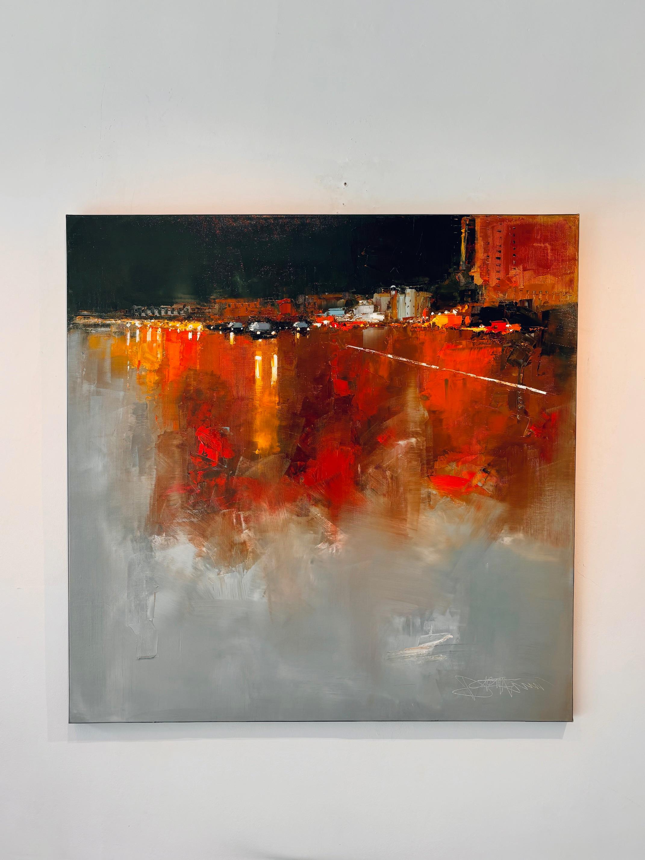 By Night - paisaje urbano abstracto original al óleo - obra de arte contemporánea - Painting Abstracto de Daniel Castan