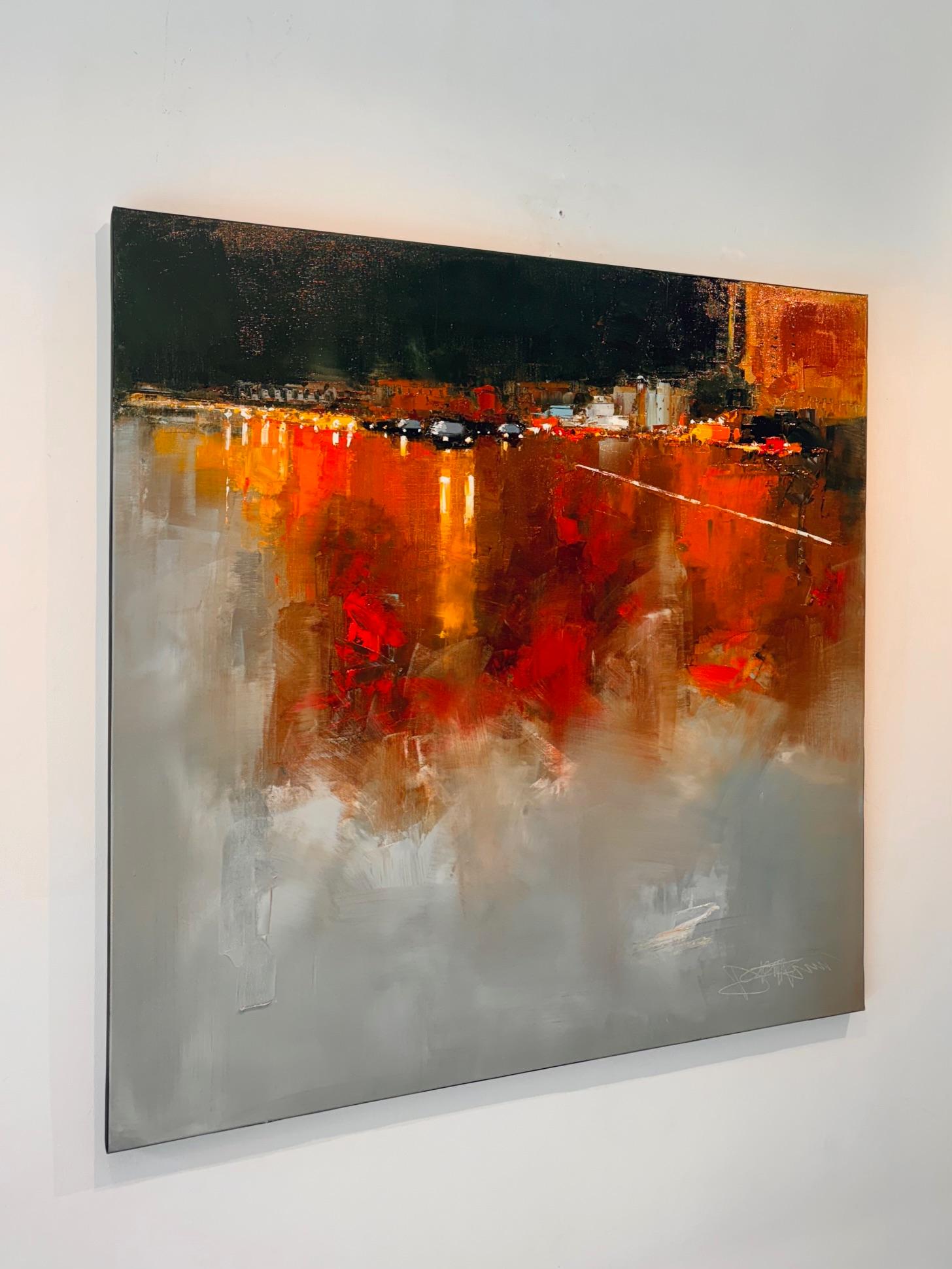 By Night - paisaje urbano abstracto original al óleo - obra de arte contemporánea - Landscape Painting Marrón de Daniel Castan