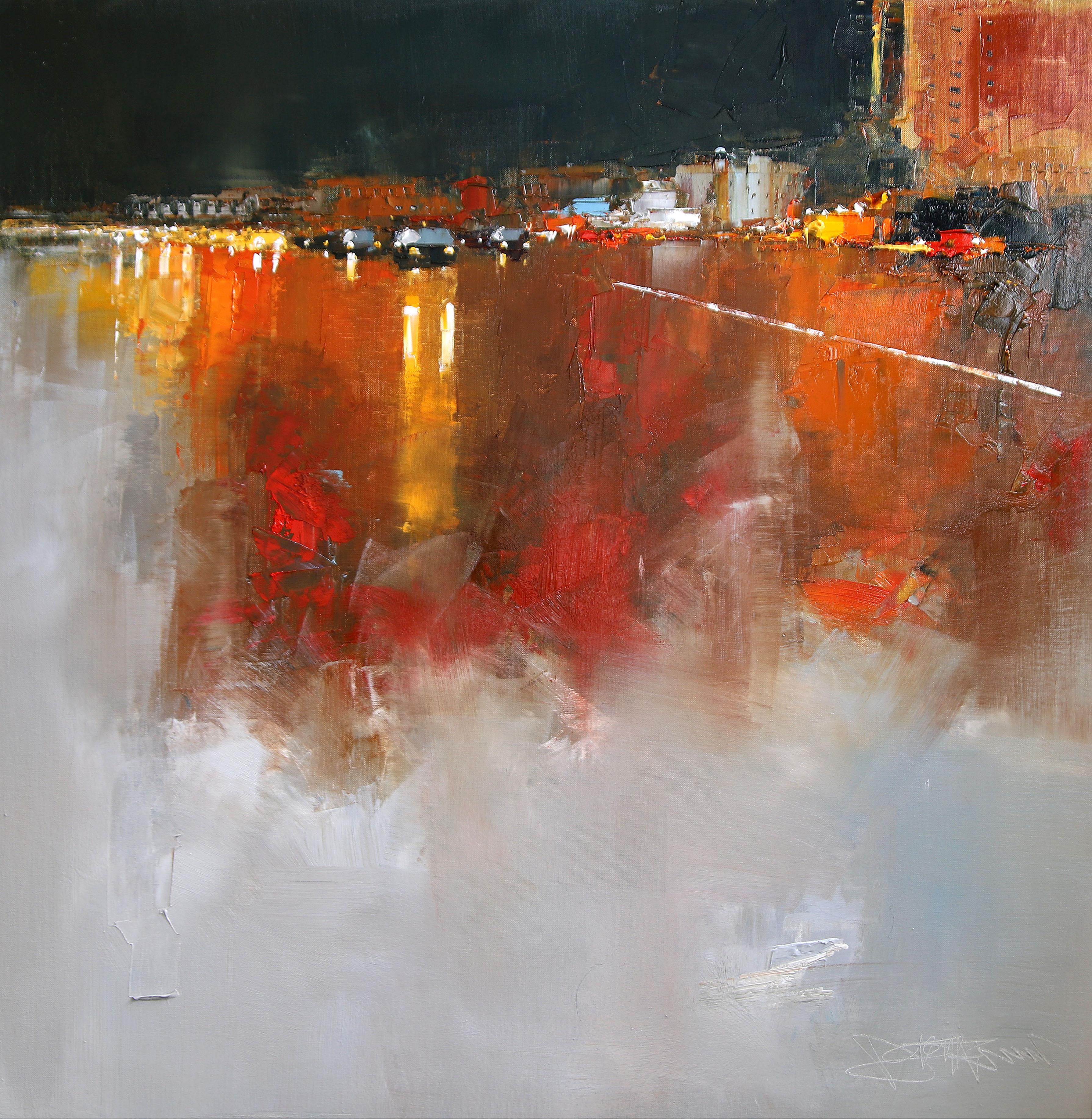 By Night - original abstraktes Öl Stadtbild - zeitgenössisches Kunstwerk