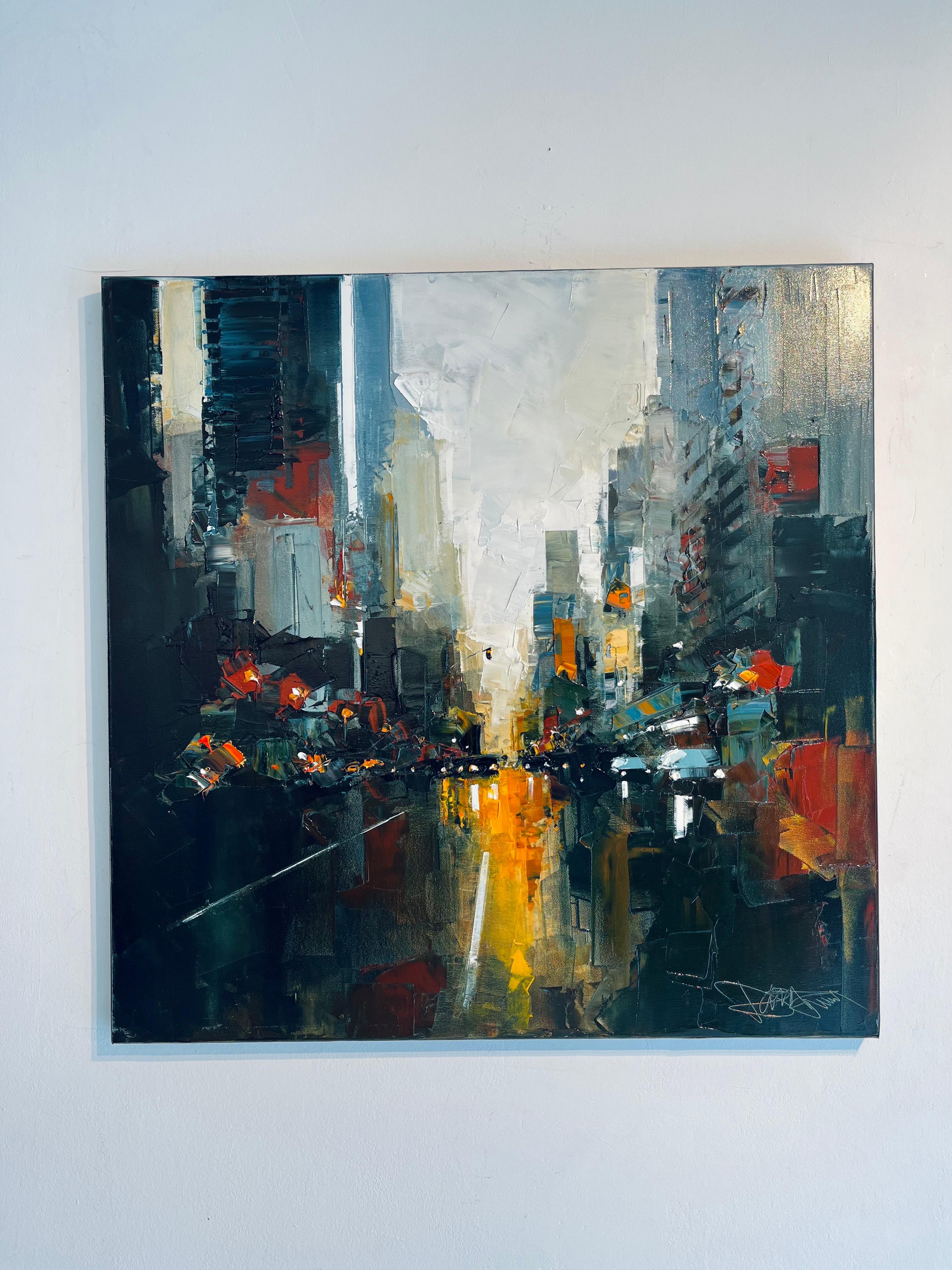 Dynamic Dusk, NY-abstraktes Gemälde einer Stadtlandschaft-zeitgenössische Kunst (Expressionismus), Painting, von Daniel Castan