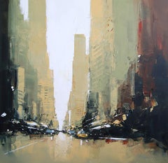 Niebla de la Quinta Avenida-Pintura al óleo original de un paisaje urbano abstracto-Obra de arte contemporáneo
