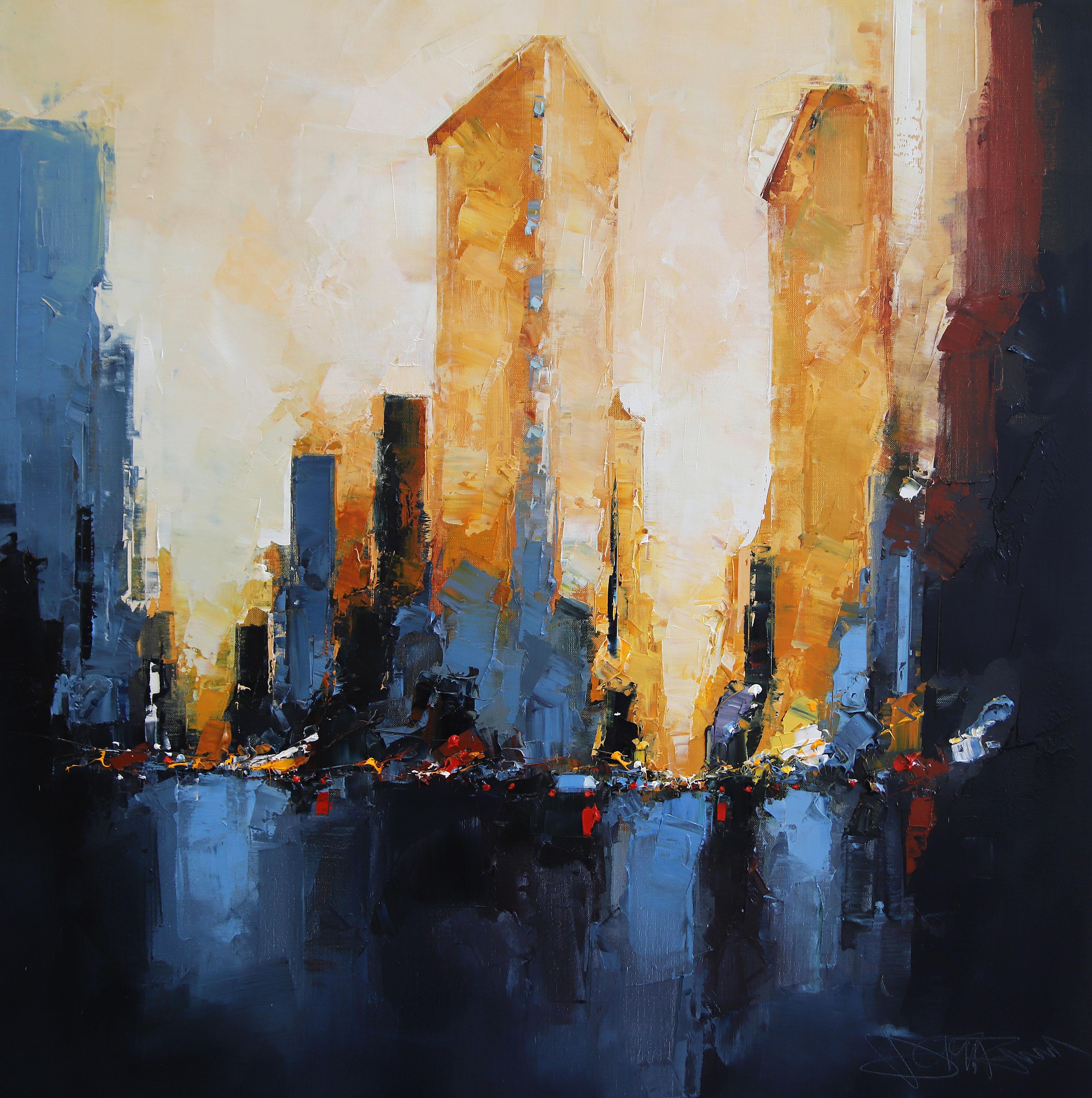 Flatiron Evening - paisaje urbano abstracto original al óleo - obra de arte contemporánea