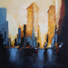 Flatiron Evening - paisaje urbano abstracto original al óleo - obra de arte contemporánea