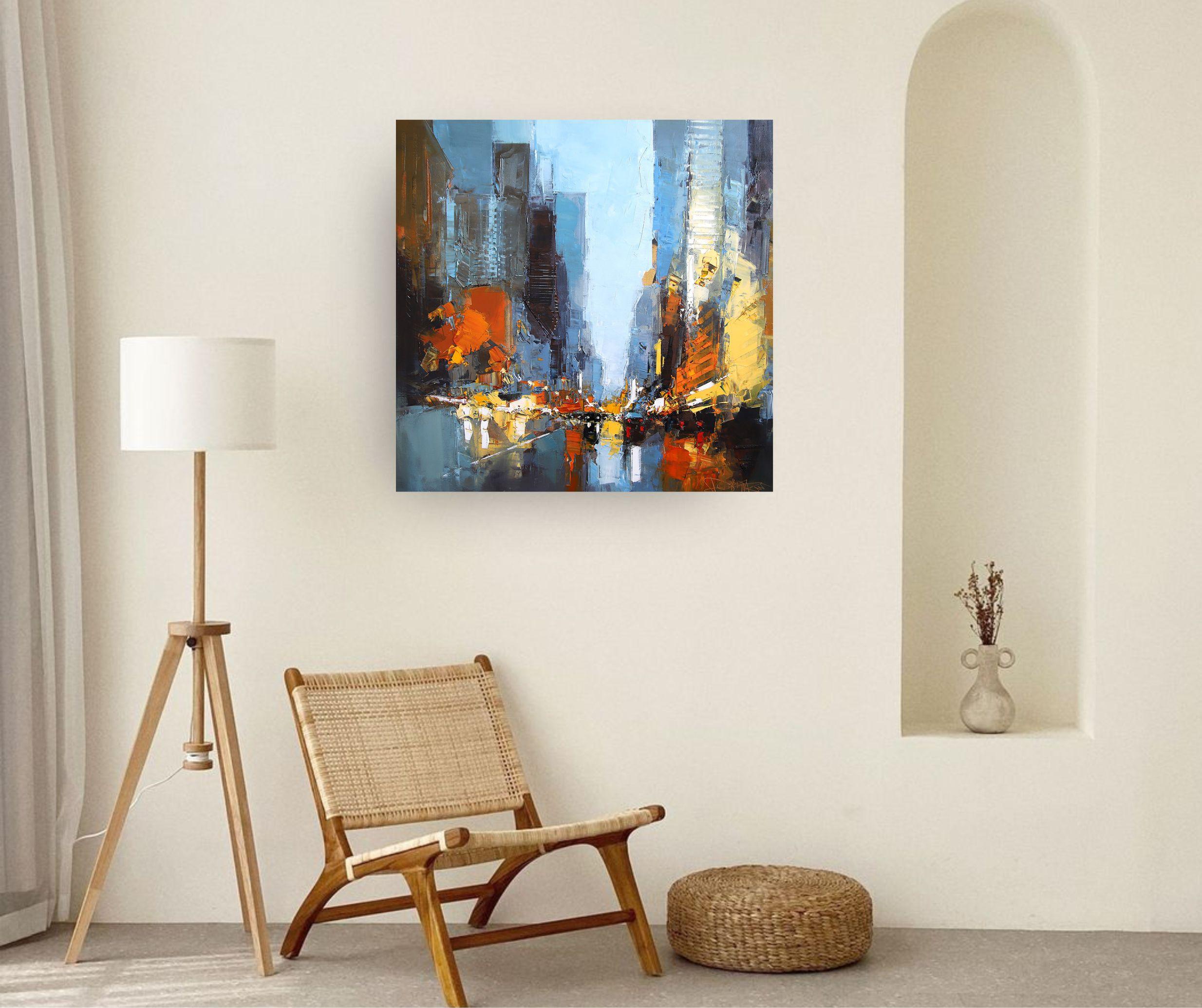 Brooklyn Heights-original abstract cityscape oil painting - Contemporary artwork - Painting by Daniel Castan