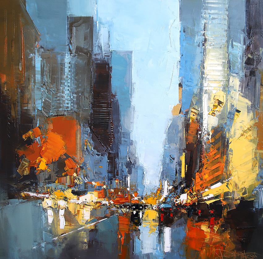 Manhattan Glow - peinture à l'huile abstraite originale d'un paysage urbain - Oeuvre d'art contemporain