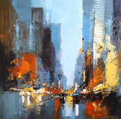 Manhattan Glow - pintura al óleo original abstracta paisaje urbano - Obra de arte contemporánea