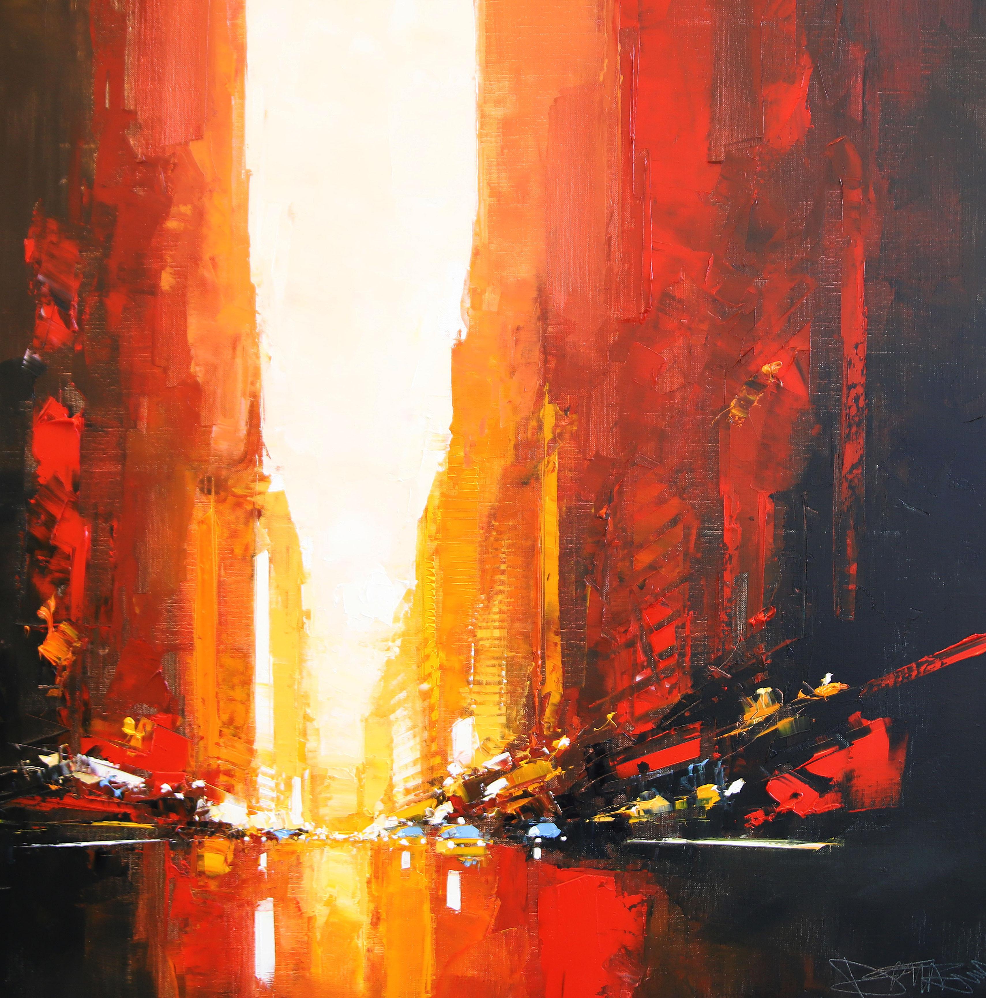 Landscape Painting Daniel Castan - Manhattanhenge - huile abstraite originale paysage urbain - œuvre d'art contemporain