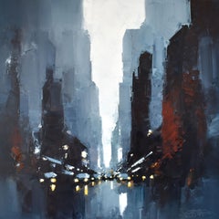 Panorama Statique - peinture à l'huile abstraite originale d'un paysage urbain -Oeuvre d'art contemporain