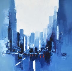 Perspective Glow - peinture à l'huile abstraite originale d'un paysage urbain - œuvre d'art contemporain