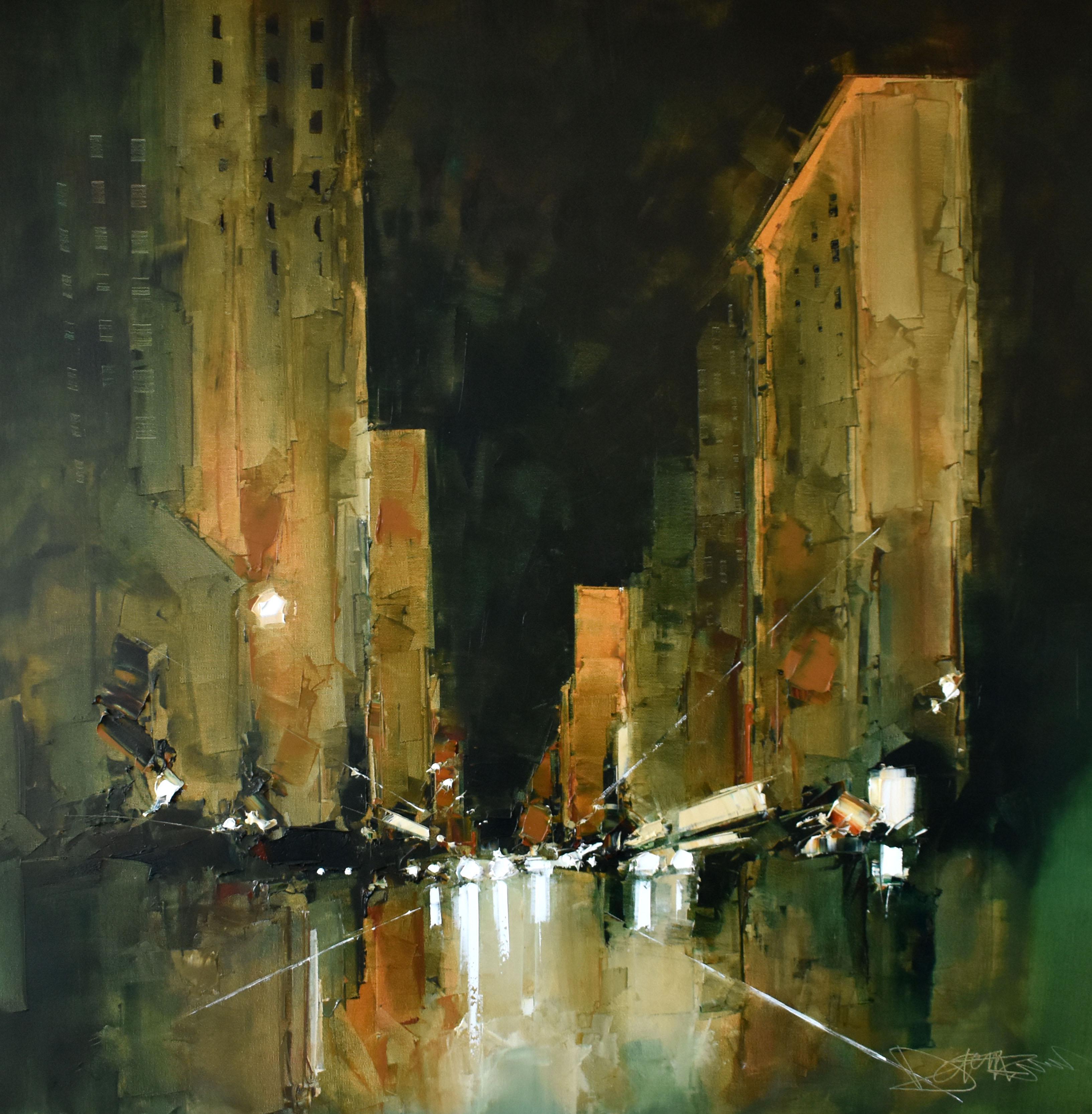 Landscape Painting Daniel Castan - Pulse au crépuscule - peinture à l'huile abstraite originale d'un paysage urbain - Oeuvre d'art contemporain