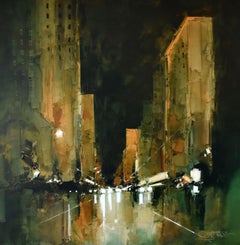 Pulse au crépuscule - peinture à l'huile abstraite originale d'un paysage urbain - Oeuvre d'art contemporain
