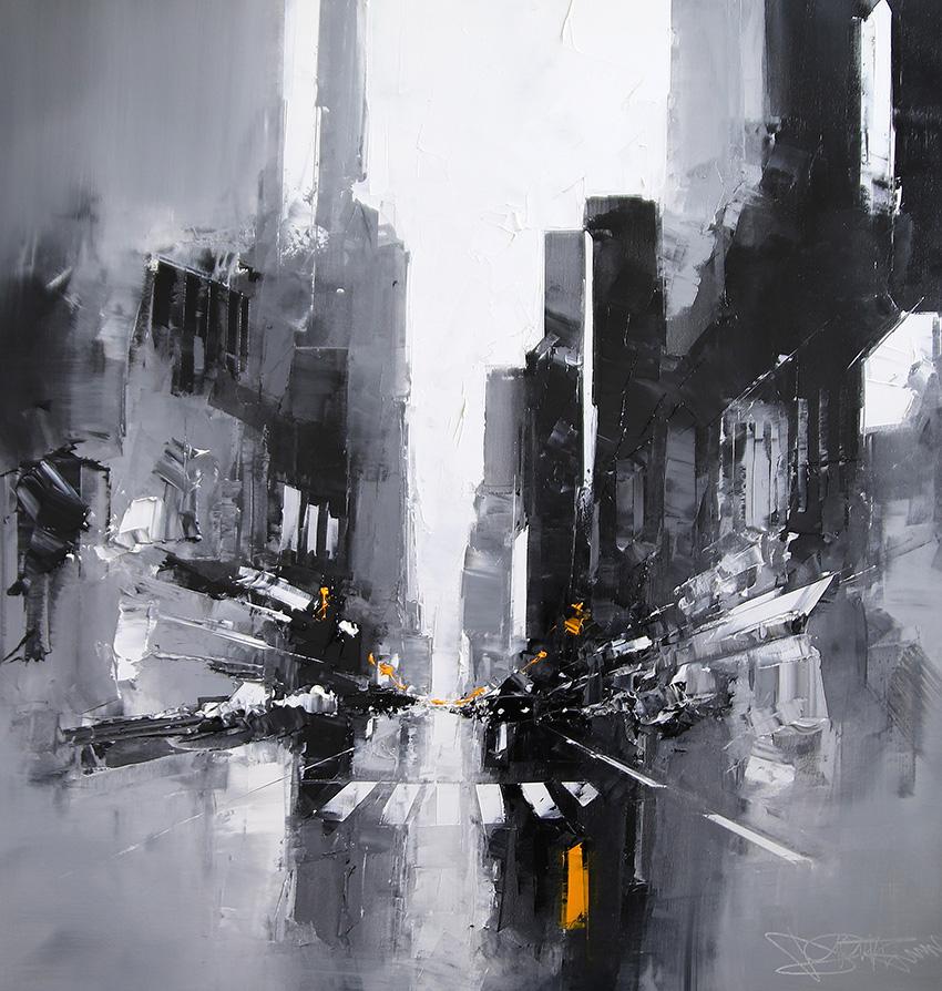 Landscape Painting de Daniel Castan - Atardecer en la Séptima - paisaje urbano abstracto original al óleo - Obra de arte contemporánea