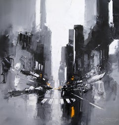 Atardecer en la Séptima - paisaje urbano abstracto original al óleo - Obra de arte contemporánea
