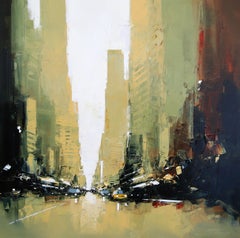 Fifth Avenue Mist-Pittura ad olio astratta originale di paesaggio urbano-Arte contemporanea
