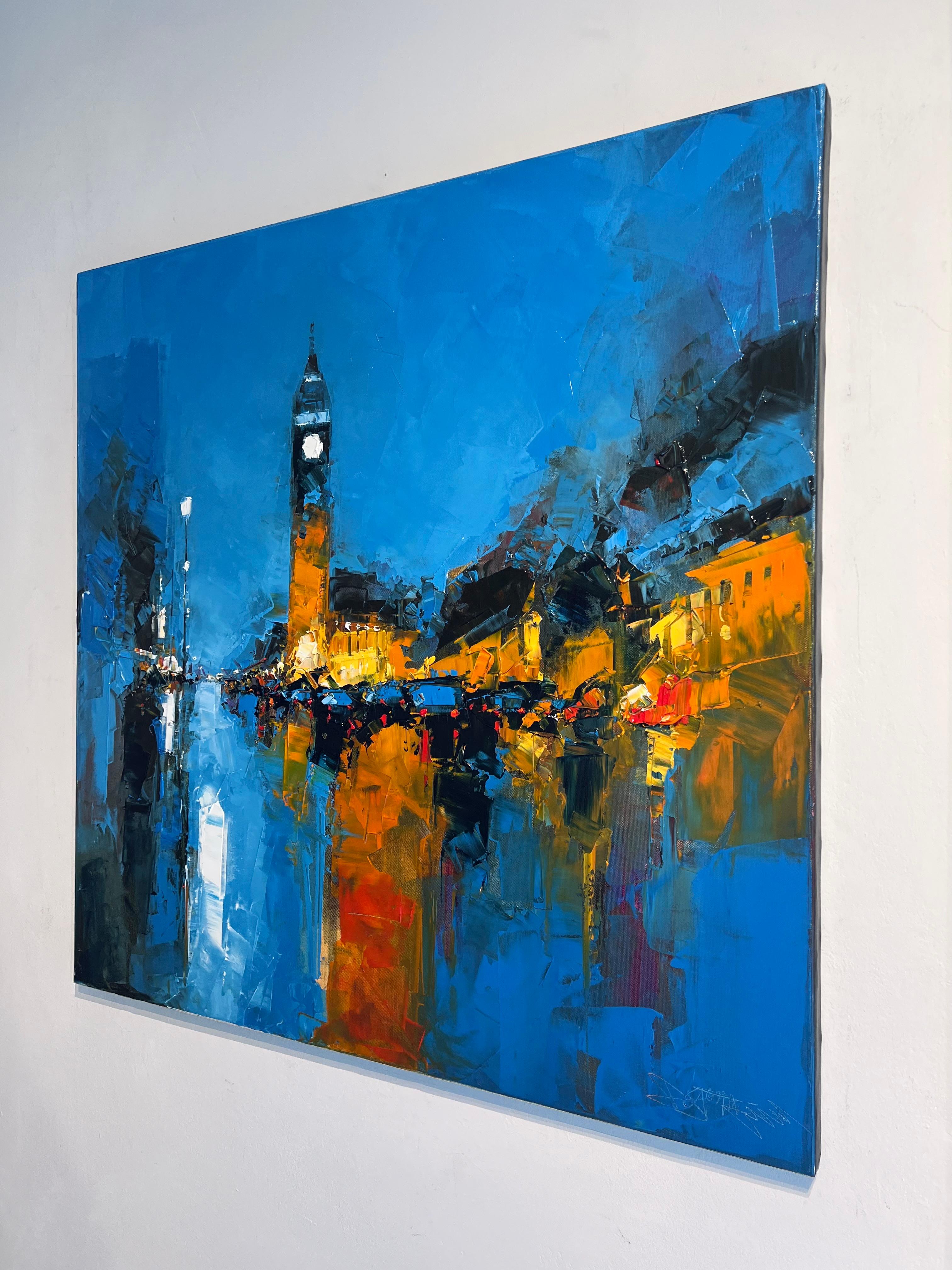 Timeless Reflections,  Big Ben-original abstract cityscape oil painting-Art - Painting by Daniel Castan