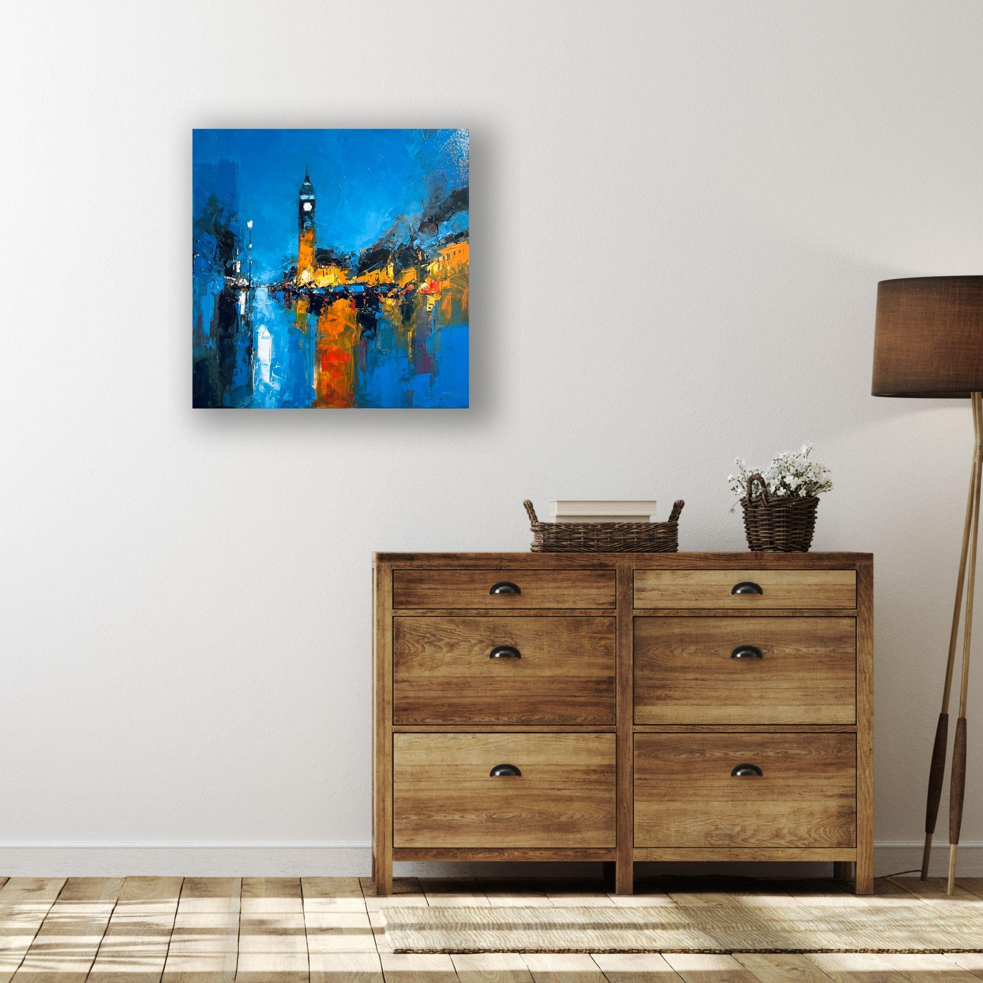 Timeless Reflections,  Big Ben-original abstrakte Stadtlandschaft, Ölgemälde-Kunst (Blau), Landscape Painting, von Daniel Castan