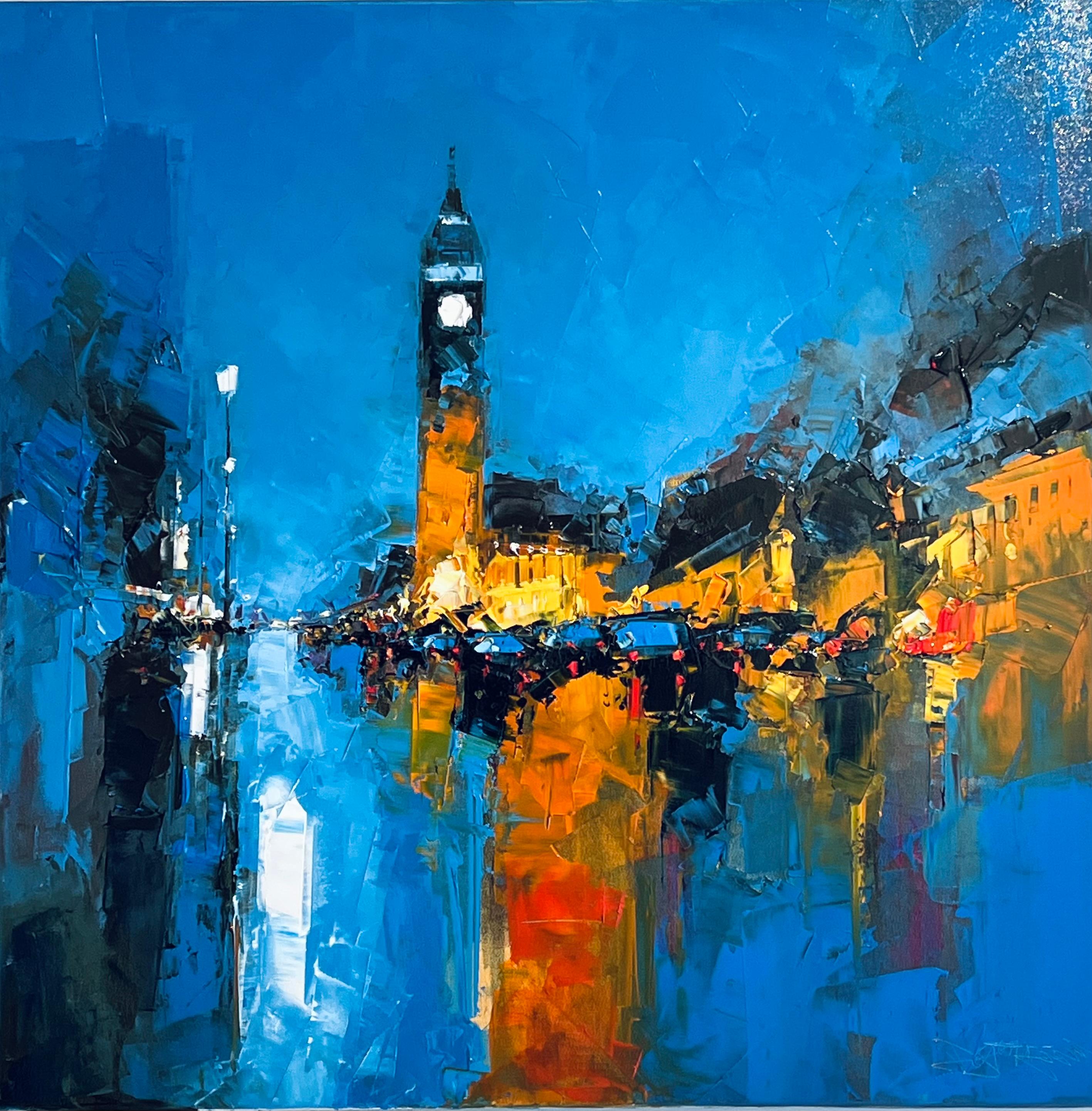 Daniel Castan Landscape Painting - Timeless Reflections,  Big Ben-original abstract cityscape oil painting-Art