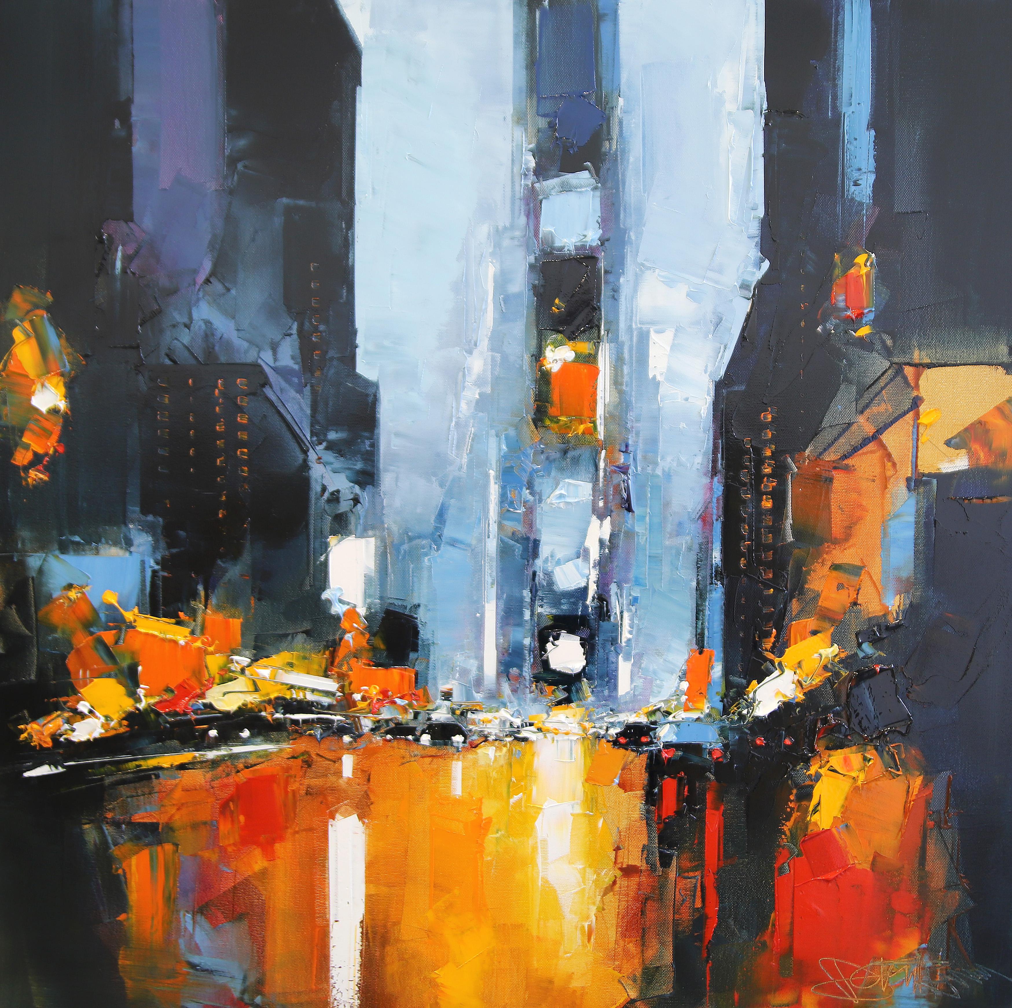 Midtown Pulse - paesaggio urbano astratto originale ad olio - Opera d'arte contemporanea