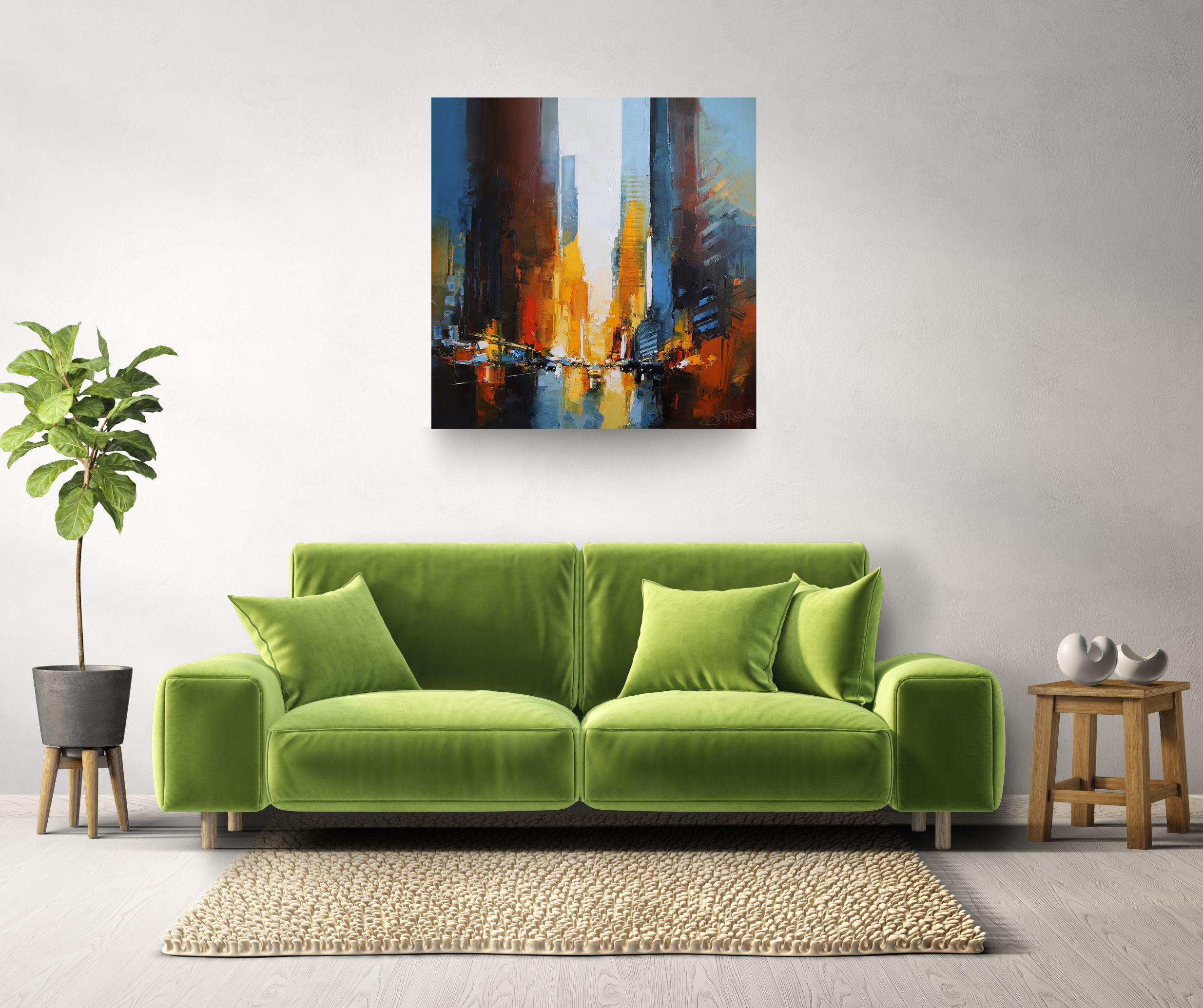Times Square Radiance - paisaje urbano abstracto original al óleo - Obra de arte contemporánea - Painting de Daniel Castan