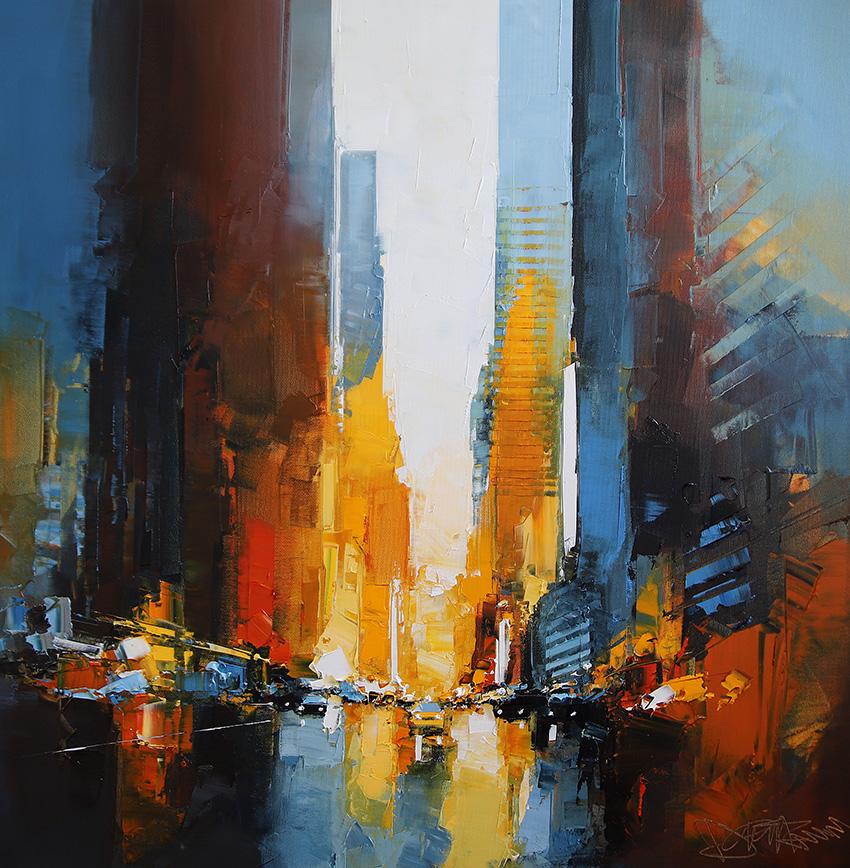 Landscape Painting de Daniel Castan - Times Square Radiance - paisaje urbano abstracto original al óleo - Obra de arte contemporánea