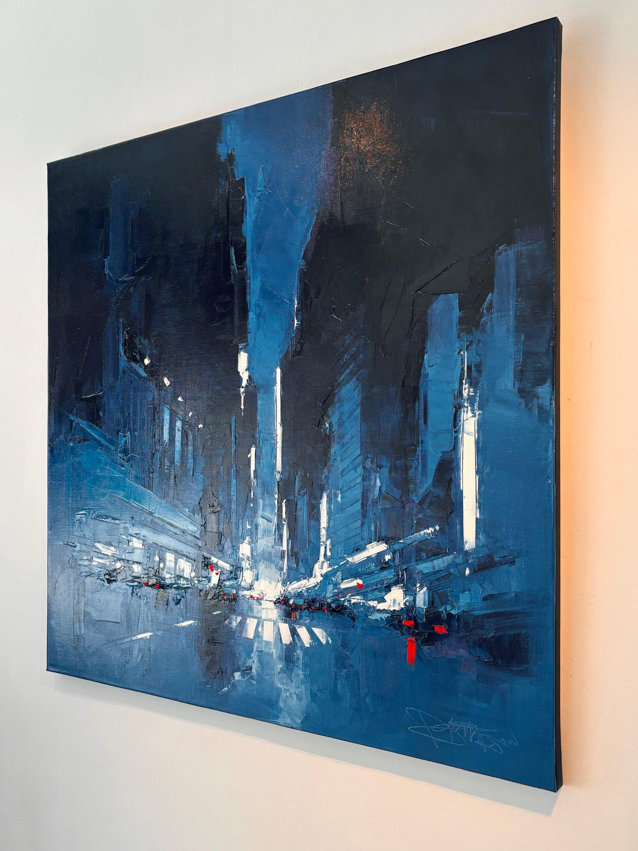 Traffic - By Night - peinture abstraite originale à l'huile paysage urbain - œuvre d'art contemporaine - Bleu Landscape Painting par Daniel Castan