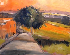 Tableau de soirée début de route de Toscane, peinture, acrylique sur autre