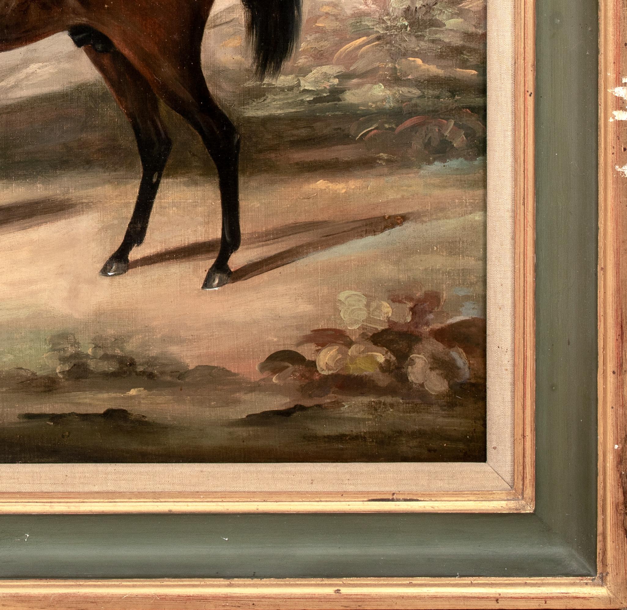 Dark Bay Hunter IN A Landscape, 19th Century

Daniel CLOWES (1774-1829)

Large 19th Century English dark bay hunter in a landscape, oil on canvas. Excellent quality and condition side profile study of the huntsman's favourite standing before an open