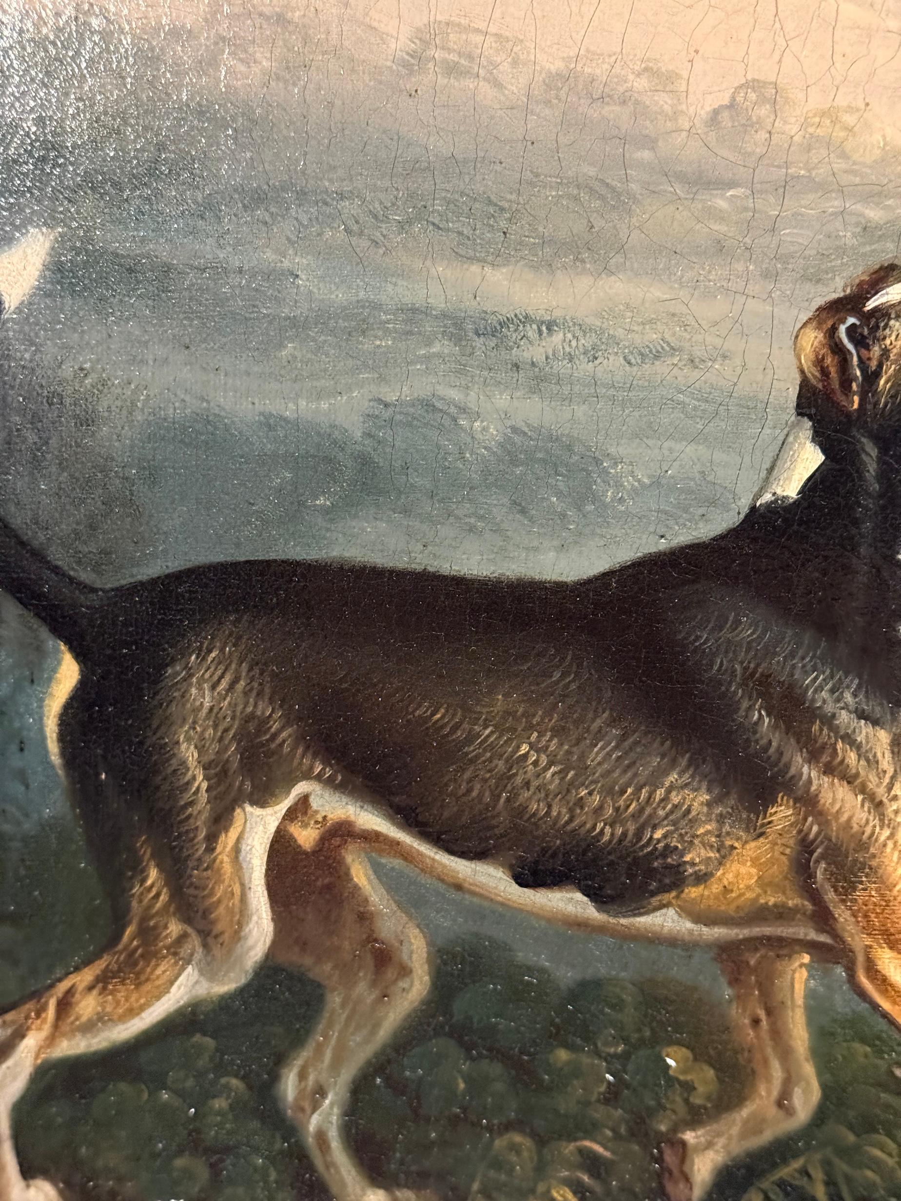 Portrait de cheval anglais du 19e siècle, style Stubbs, chasseur de baie et chien dans un paysage en vente 6