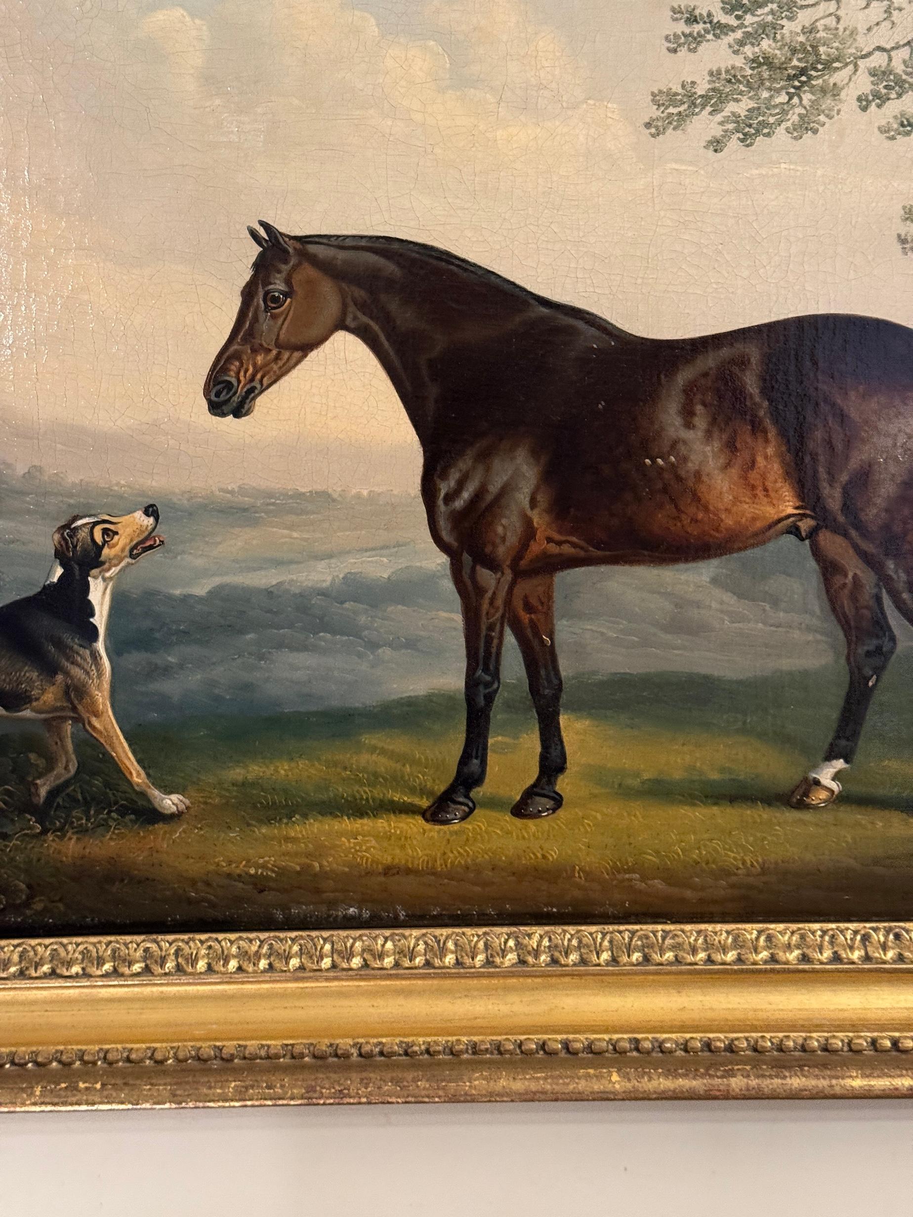 Portrait de cheval anglais du 19e siècle, style Stubbs, chasseur de baie et chien dans un paysage - Painting de Daniel Clowes