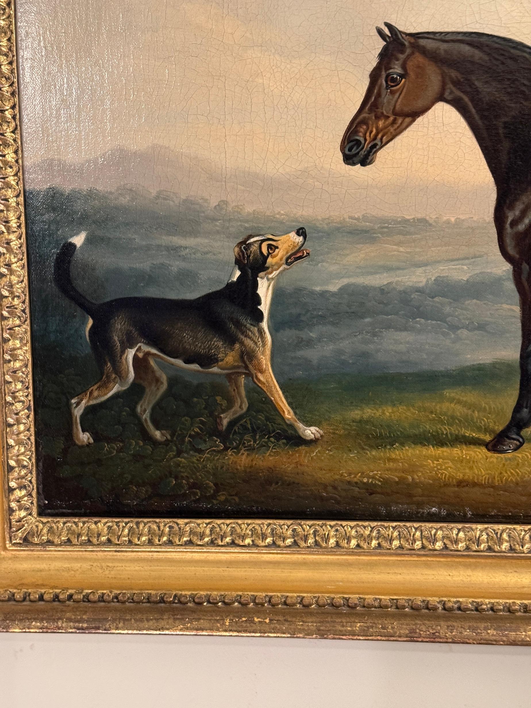 Portrait de cheval anglais du 19e siècle, style Stubbs, chasseur de baie et chien dans un paysage - Artisanat Painting par Daniel Clowes