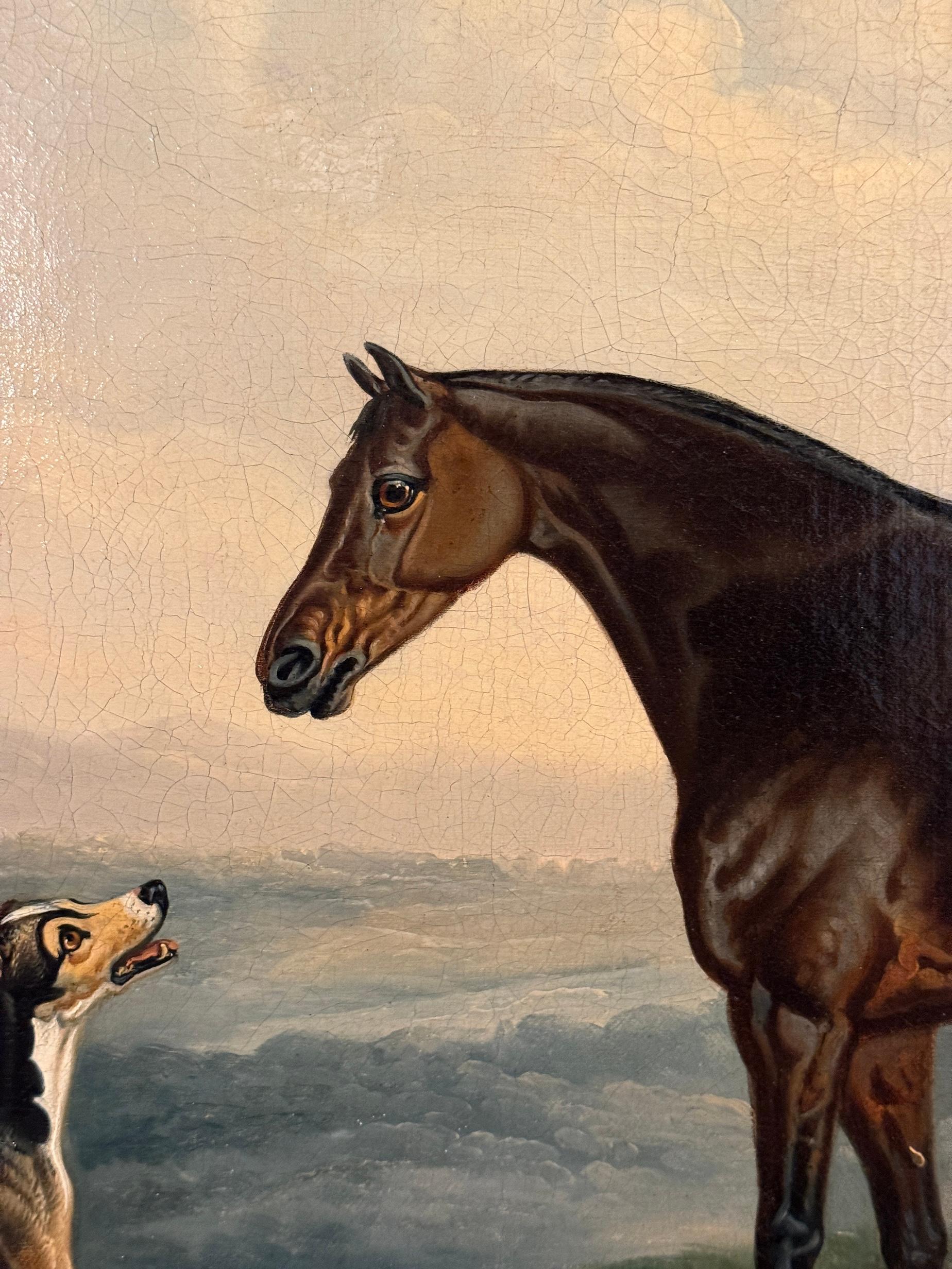 Portrait de cheval anglais du 19e siècle, style Stubbs, chasseur de baie et chien dans un paysage - Marron Animal Painting par Daniel Clowes