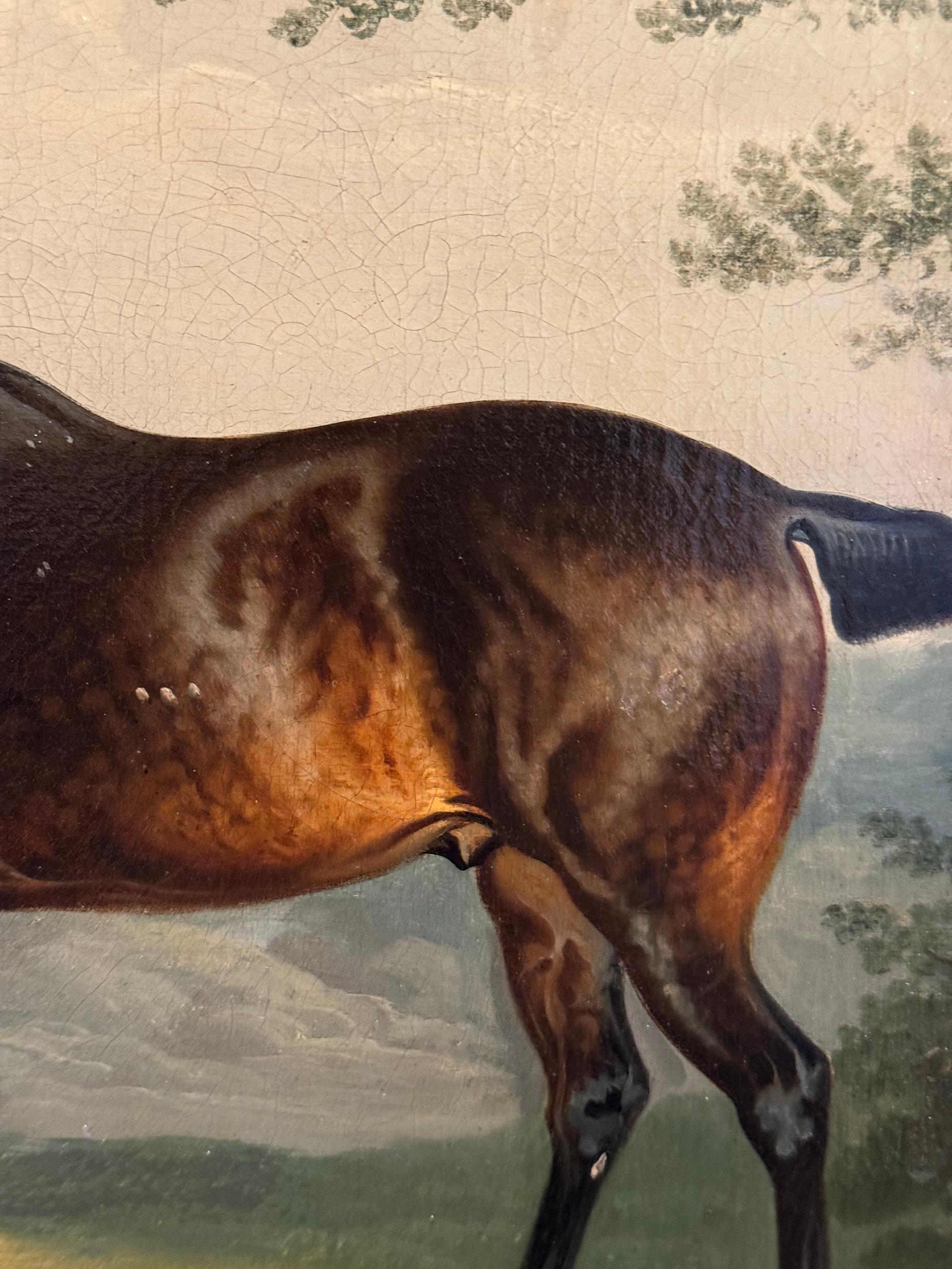 Cette exquise huile sur toile de Daniel Clowes, peintre sportif anglais renommé du début du XIXe siècle, représente un chasseur et un chien de chasse dans un paysage serein et vallonné. Peinte vers 1810, cette œuvre incarne l'élégance et la