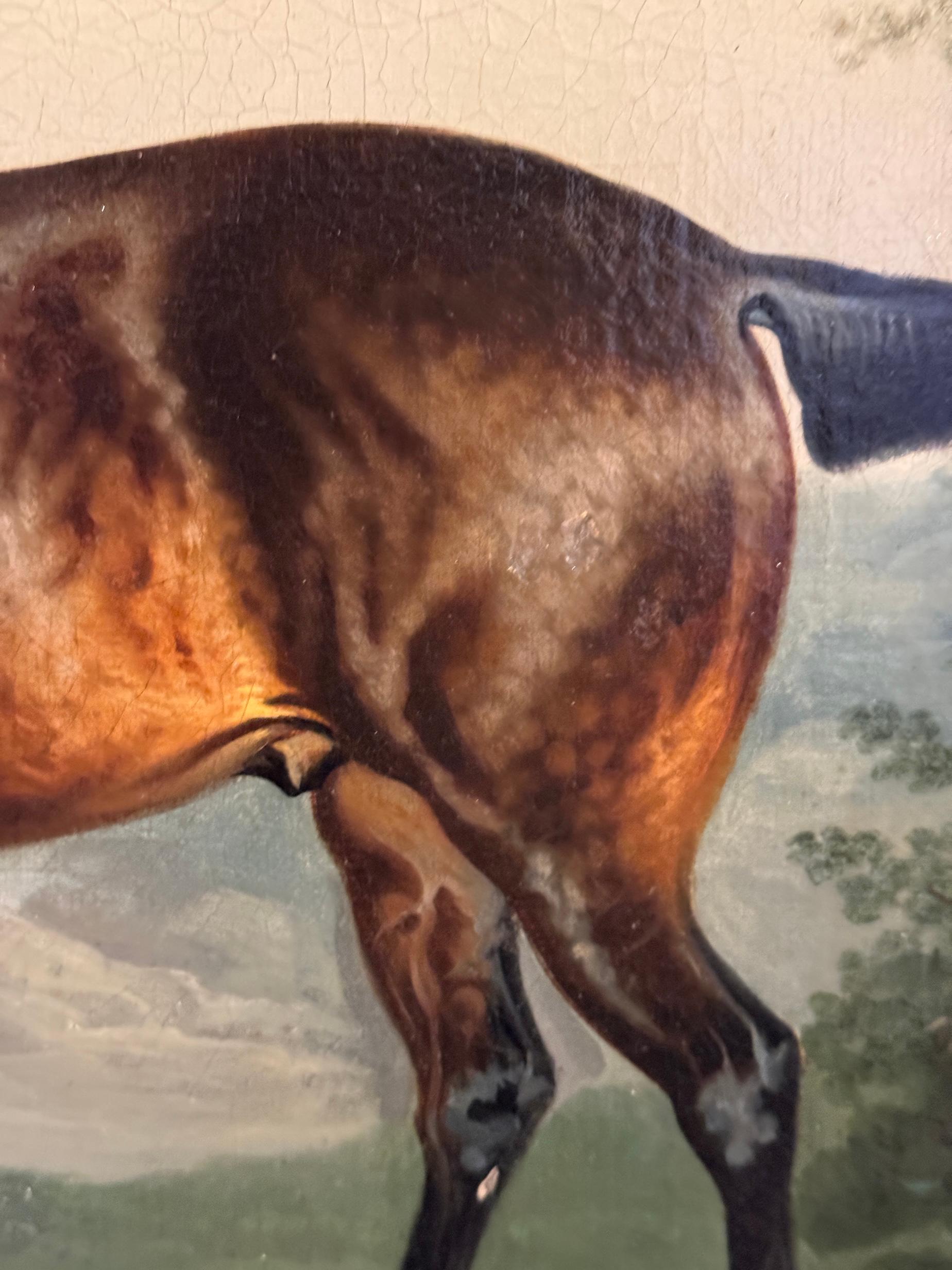Portrait de cheval anglais du 19e siècle, style Stubbs, chasseur de baie et chien dans un paysage en vente 3