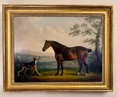 Portrait de cheval anglais du 19e siècle, style Stubbs, chasseur de baie et chien dans un paysage