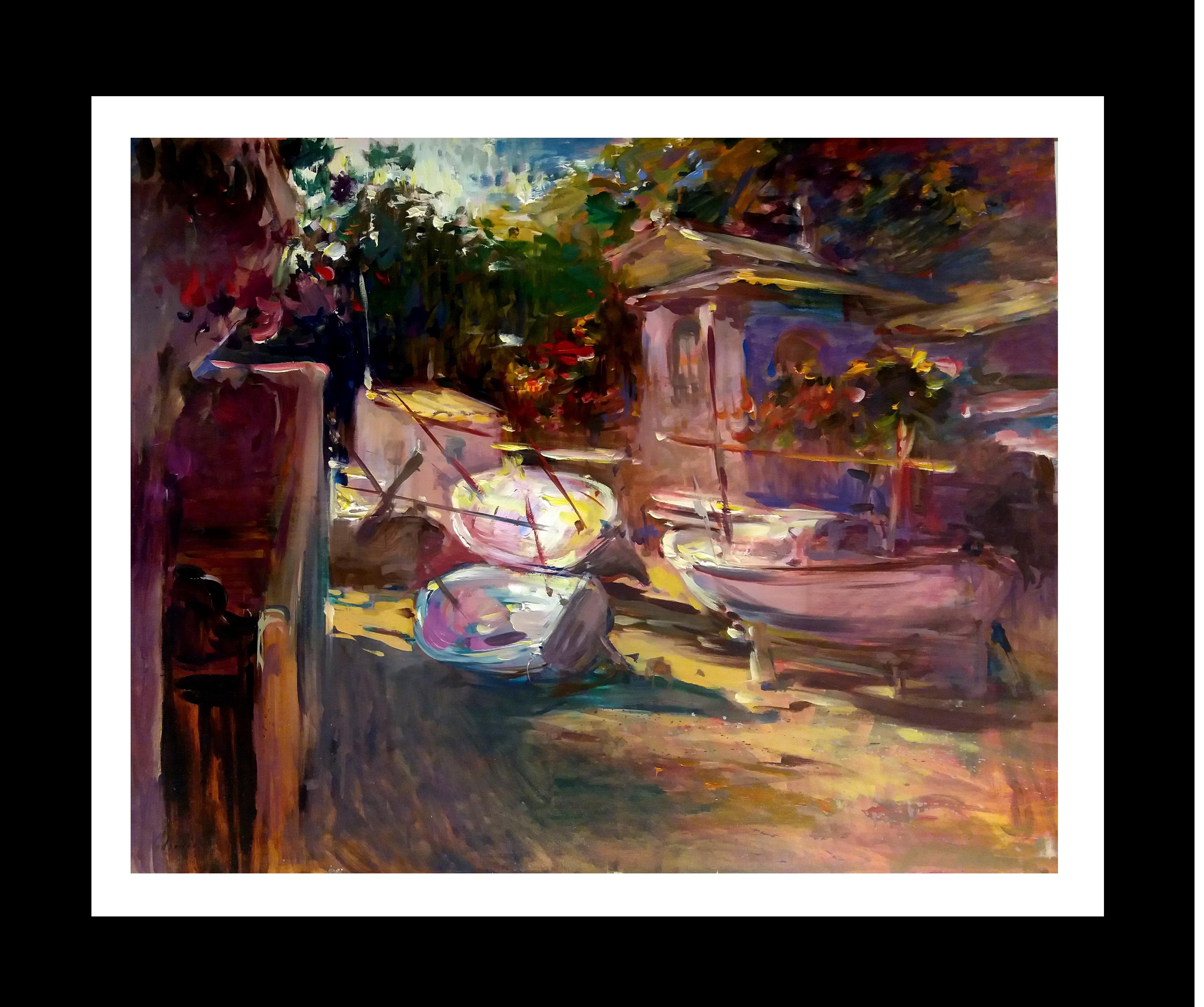  boats in the sand original expressionist acrylic painting