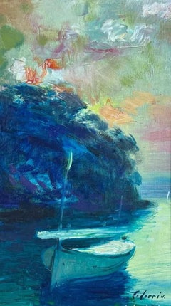 Mediterranean Cove with Moored Boat, Oil on Canvas by Daniel Codorniu