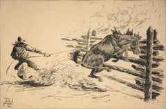 Original Mid Century Western Pen and Ink "Cowboy and Bronco"