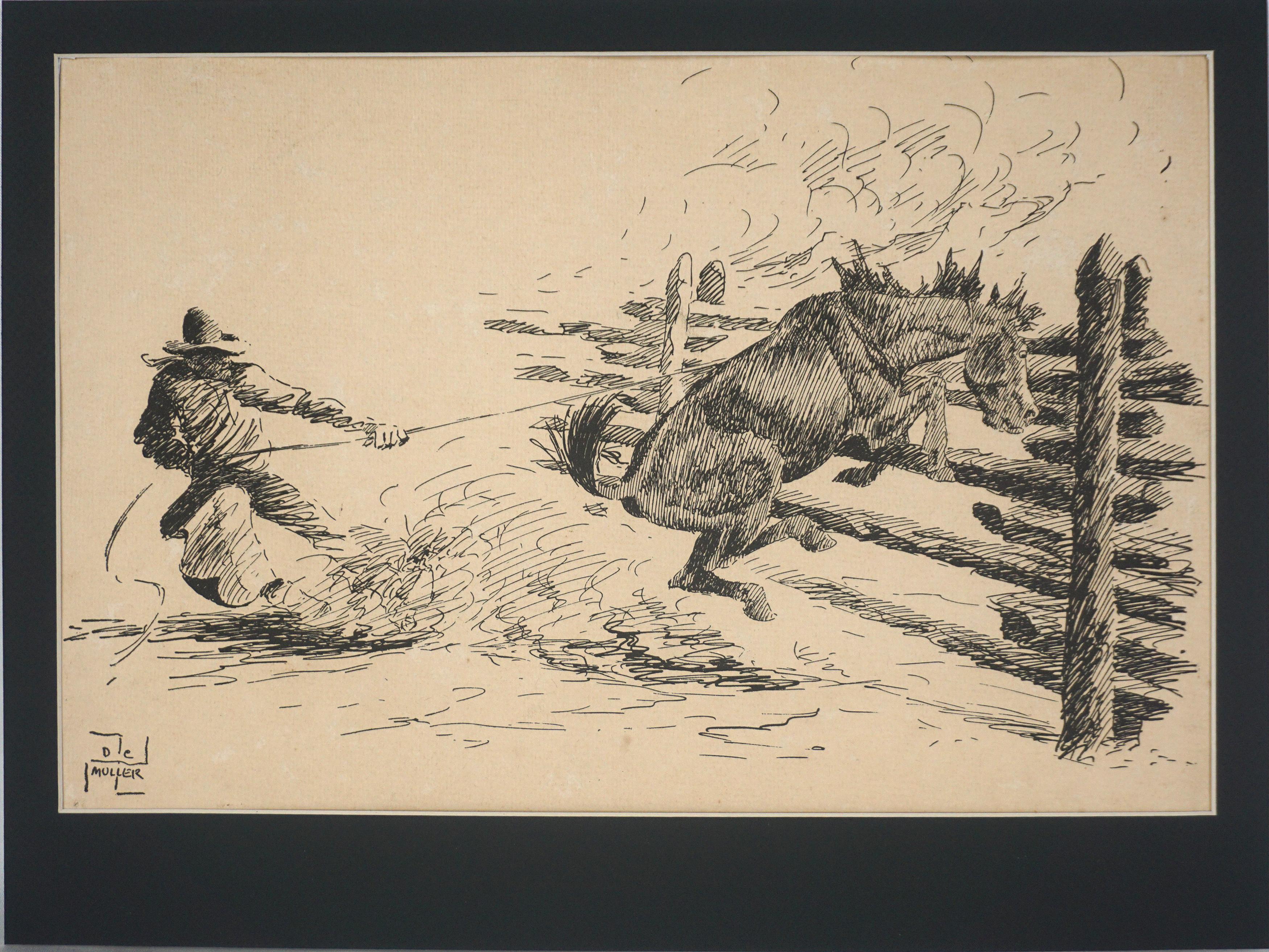 Original de mediados de siglo del Oeste a pluma y tinta "Vaquero y Bronco"