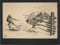 Original de mediados de siglo del Oeste a pluma y tinta "Vaquero y Bronco"
