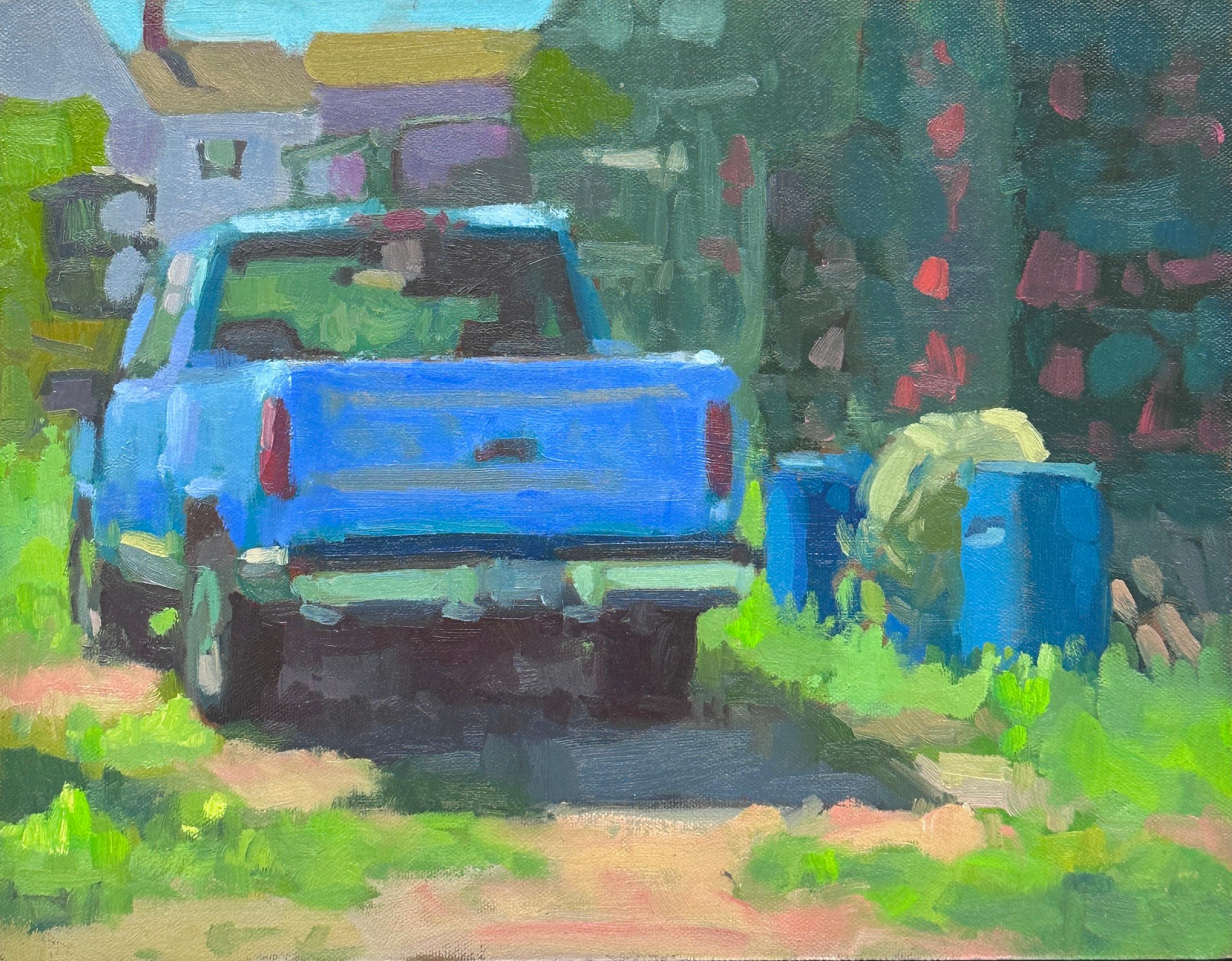 Daniel Corey Landscape Painting - Yard Truck, painting of pick-up truck on a sunny day - signed by artist on back
