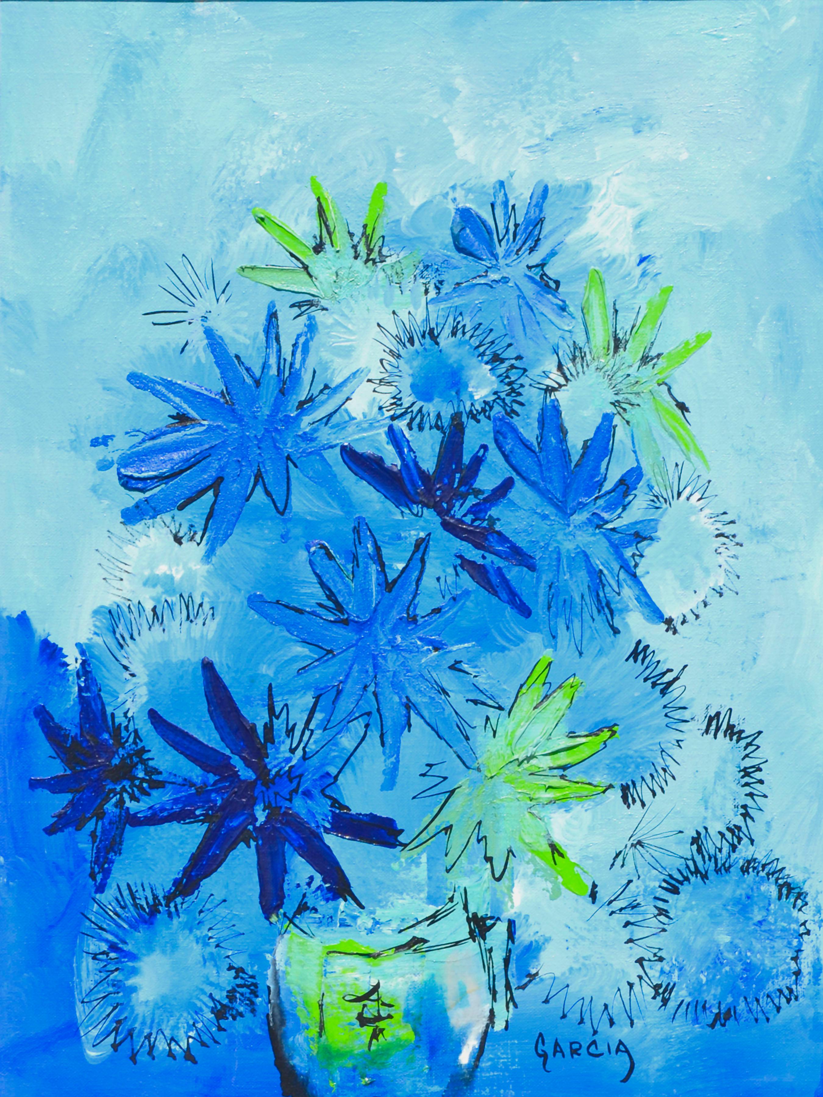 Blue & Green Mid-Century Floral - Painting by Daniel (Danny) Garcia