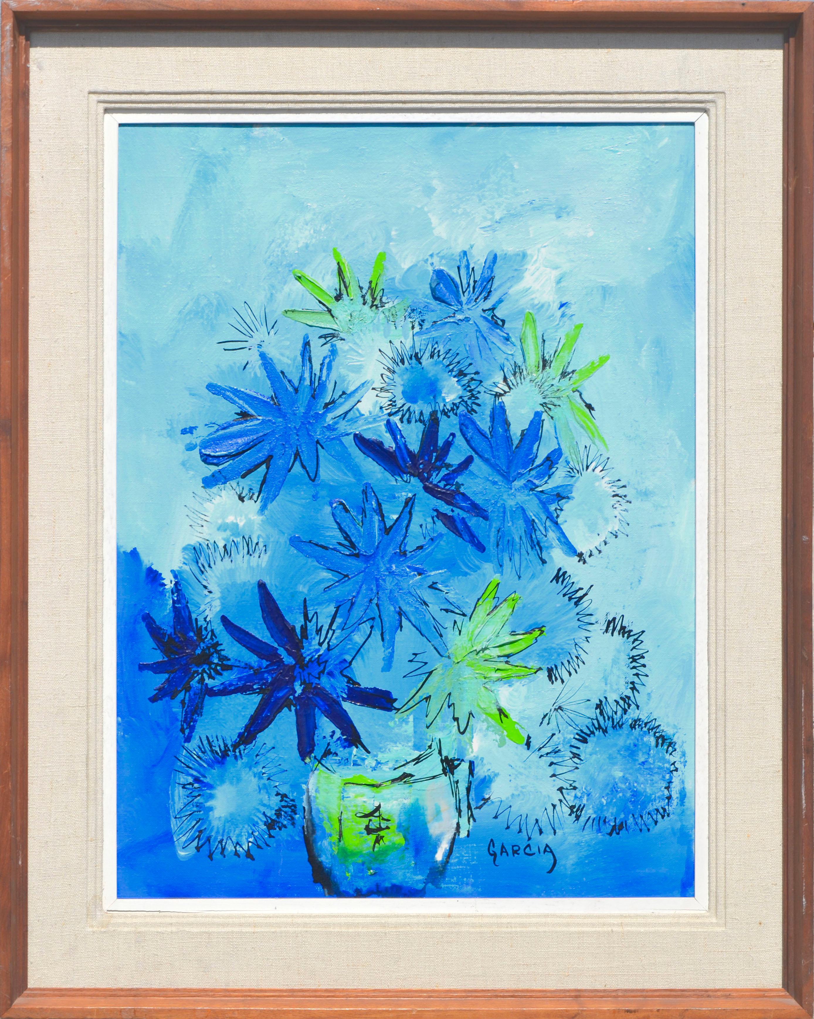 Daniel (Danny) Garcia Still-Life Painting - Blue & Green Mid-Century Floral