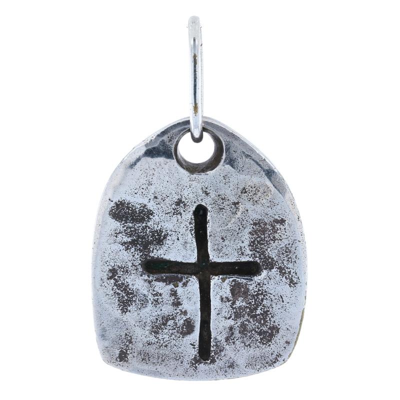 Brand: Daniel Darnas
Era: 1960s

Metal Content: Silver Toned

Style: Pendant
Theme: Cross / Faith
Features: Hammered & Smooth Finished

Measurements:
Tall: 1 5/8