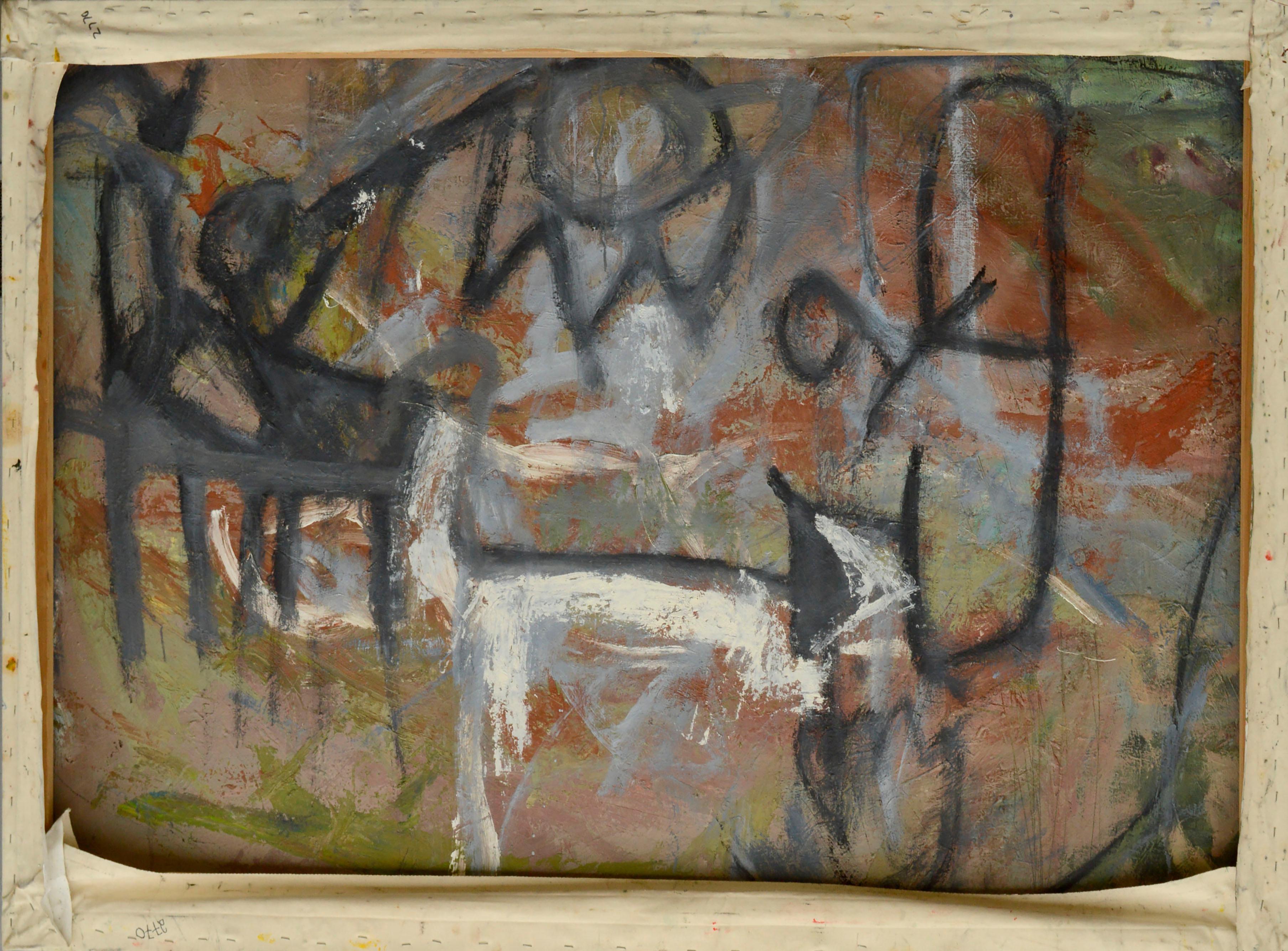 Vintage Double Sided Figurative Abstract -- Cat Sitting on an Arm Chair - Gray Figurative Painting by Daniel David Fuentes