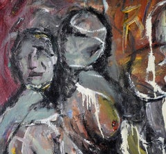 Composizione figurativa neo-espressionista di grandi dimensioni in olio su tela