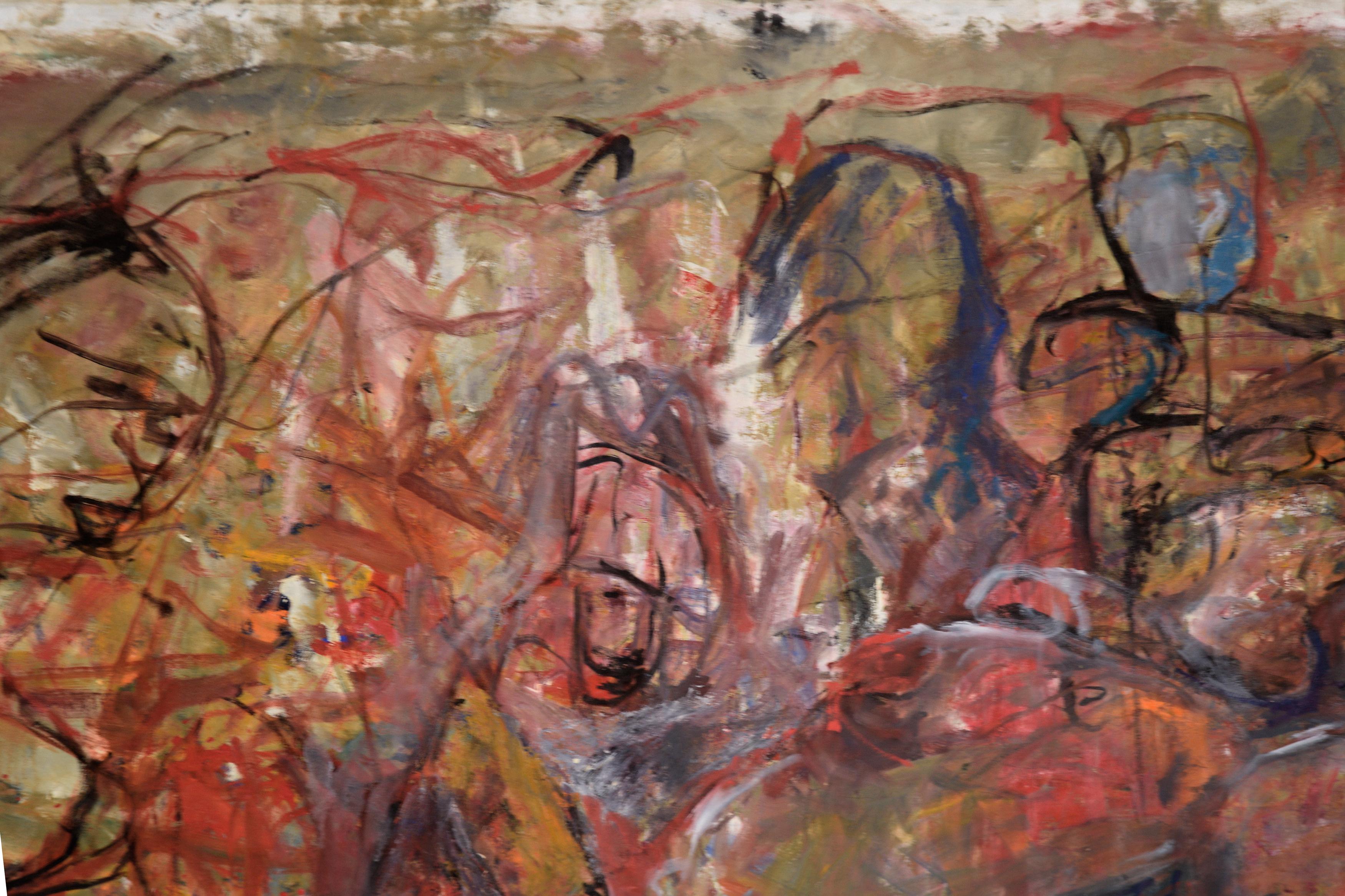 Compelling and large scale neo-expressionist figurative painting by San Jose, California area artist Daniel David Fuentes (American, 20th century), Circa 1995. Unsigned. From a collection of his works. Unframed.  (For affordability, this piece is