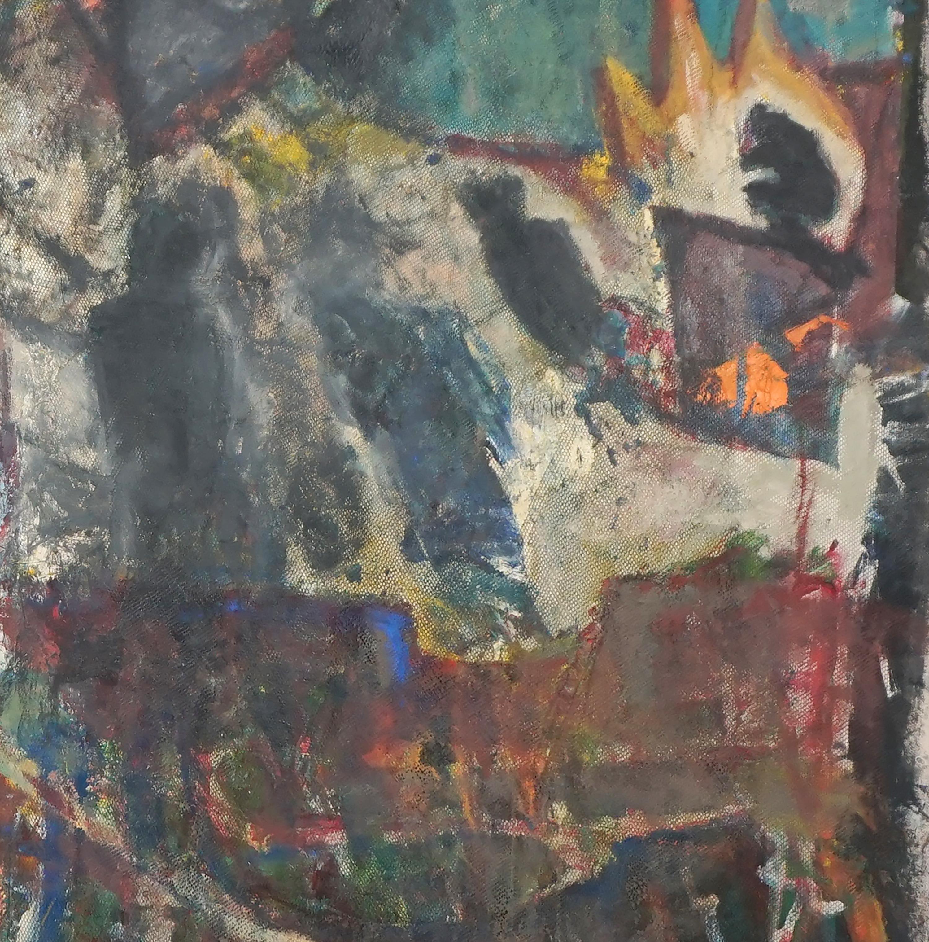 Pintura neoexpresionista de gran formato que representa una escena urbana del distrito de la Misión de San Francisco, obra del artista de San José, California, Daniel David Fuentes (estadounidense, 1978-2016), circa 1995. Colores convincentes y