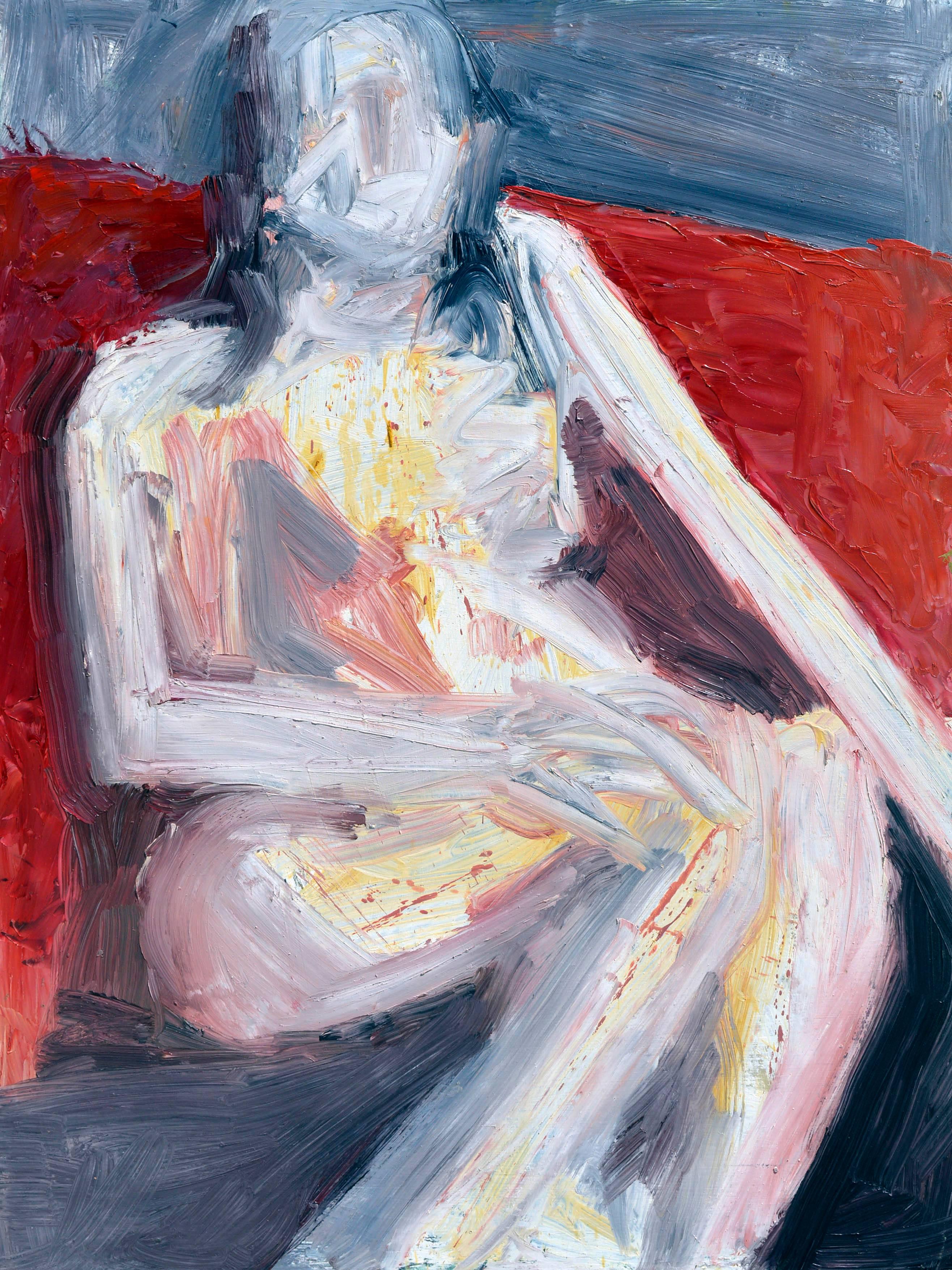 Seated Woman Abstract Expressionism Painting, Oil on Masonite, Signed