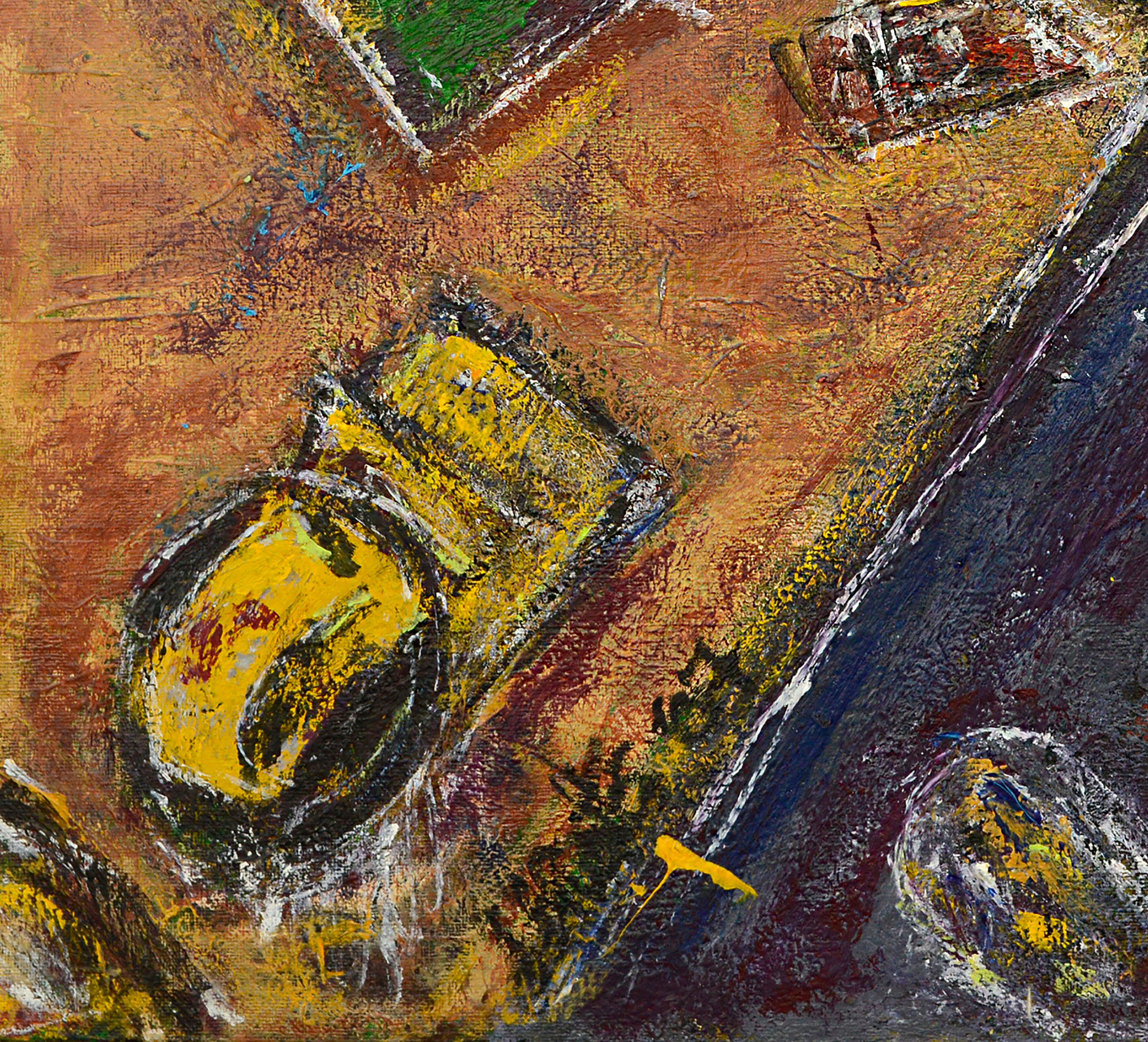 Skurriles abstrahiertes Stillleben mit drei Gänseblümchen und anderen Objekten, die in einem vieldeutigen orangefarbenen Raum schweben, von Daniel David Fuentes (Amerikaner, 1978-2016). Aus einer Sammlung seiner Werke. Signiert 