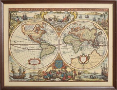 Mappa del mondo, acquaforte romantica a colori di Daniel Derveaux